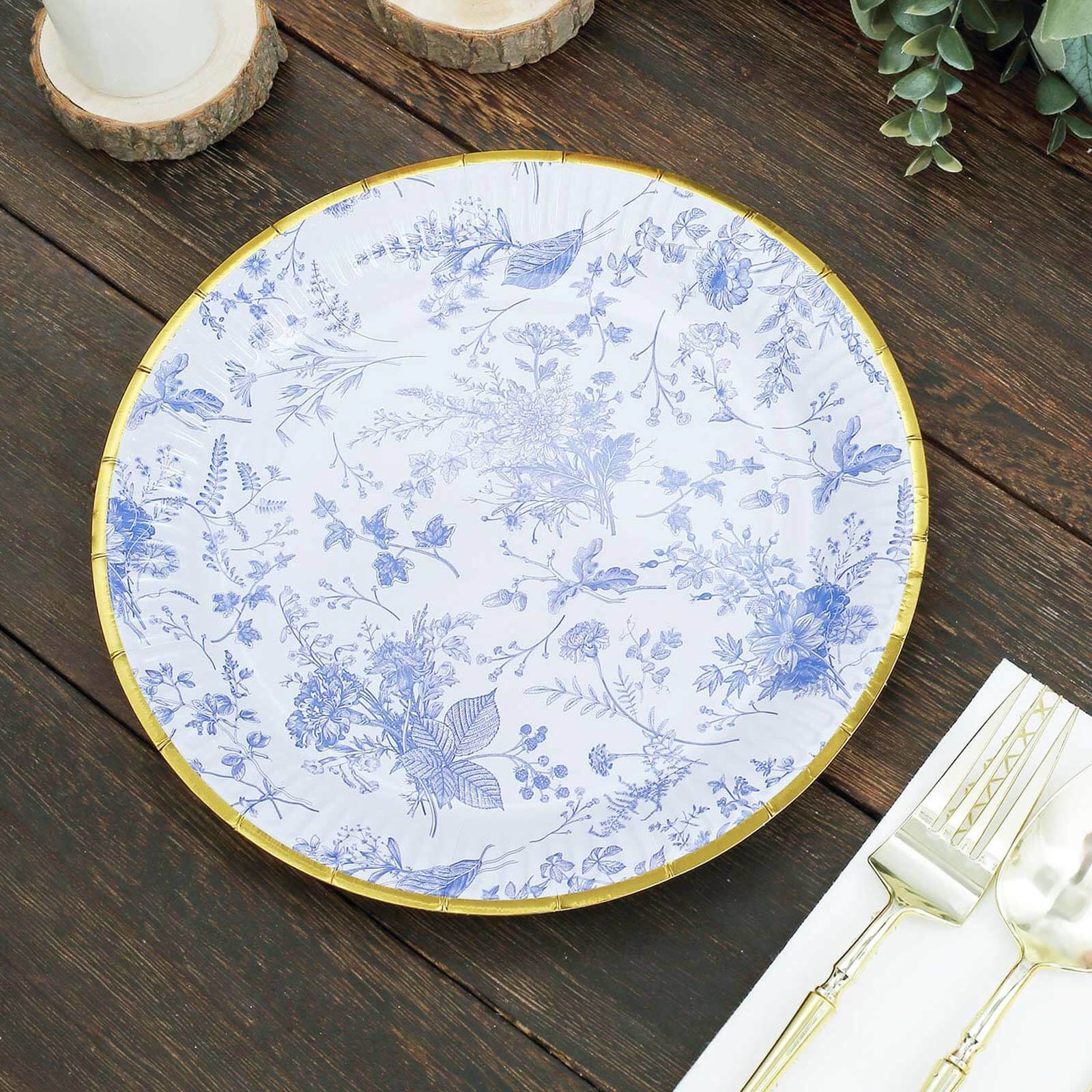 25-Pack Paper 9" Round Dinner Plates in White with Light Blue French Toile Pattern & Gold Rim - Disposable Party Plates for Picnics & Chic Brunches