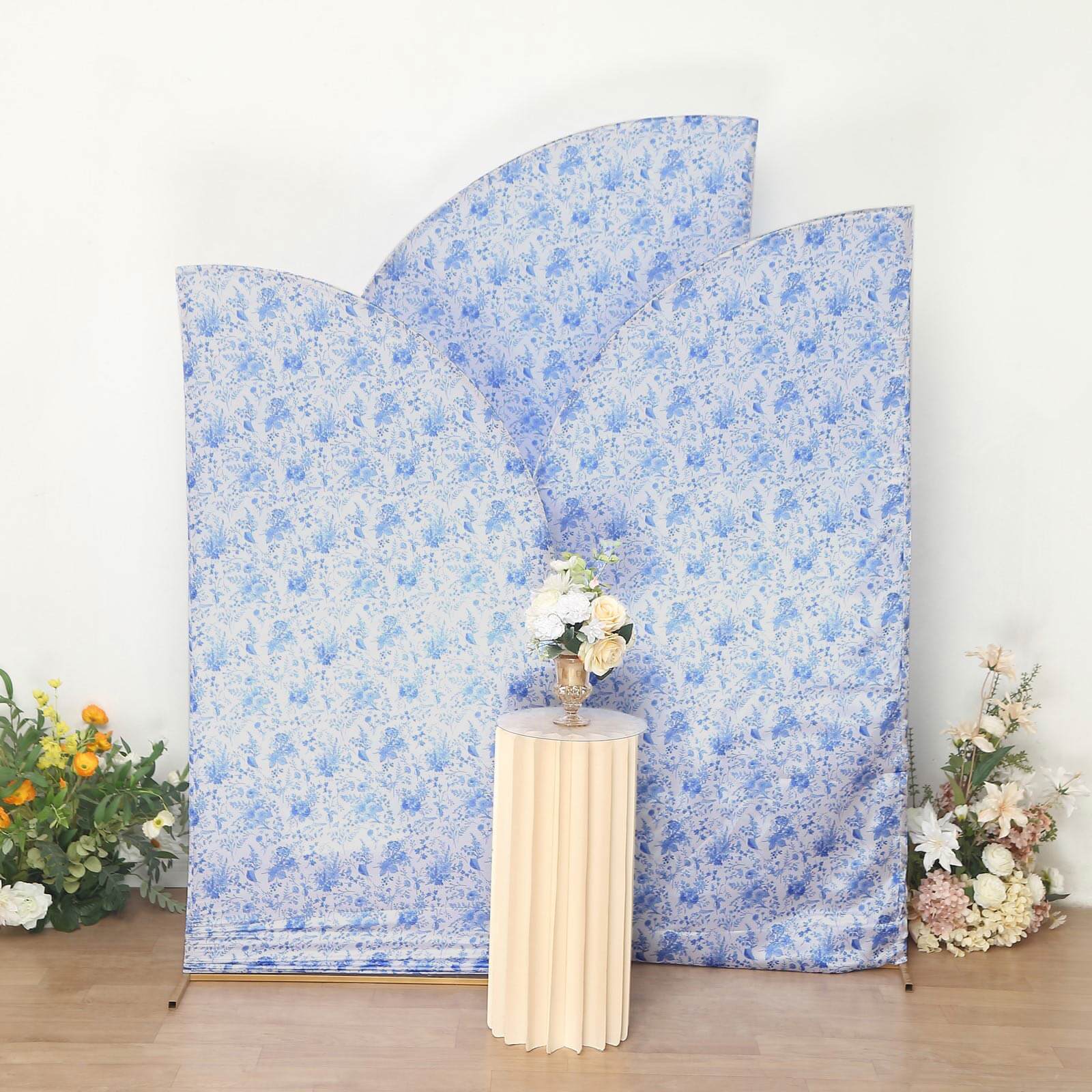 Set of 3 White Blue Satin Chiara Wedding Arch Covers in French Toile Floral Pattern, Fitted Covers For Half Moon Backdrop Stands - 5ft, 6ft, 7ft
