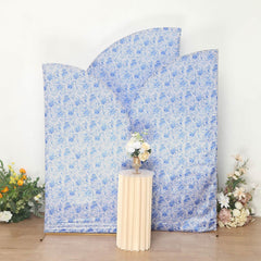 Set of 3 White Blue Satin Chiara Wedding Arch Covers in French Toile Floral Pattern, Fitted Covers For Half Moon Backdrop Stands - 5ft, 6ft, 7ft