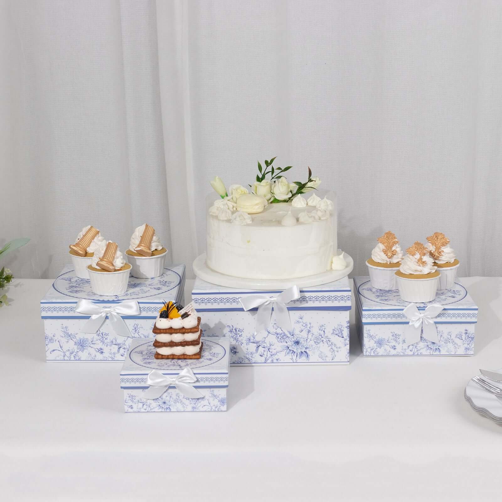 Set of 4 Cardstock Round Nesting Gift Boxes White Blue French Toile Design - Decorative Heavy Duty Stackable Keepsake Boxes With Lids for Presents Storage & Pedestal Stand 5",7",8",9"