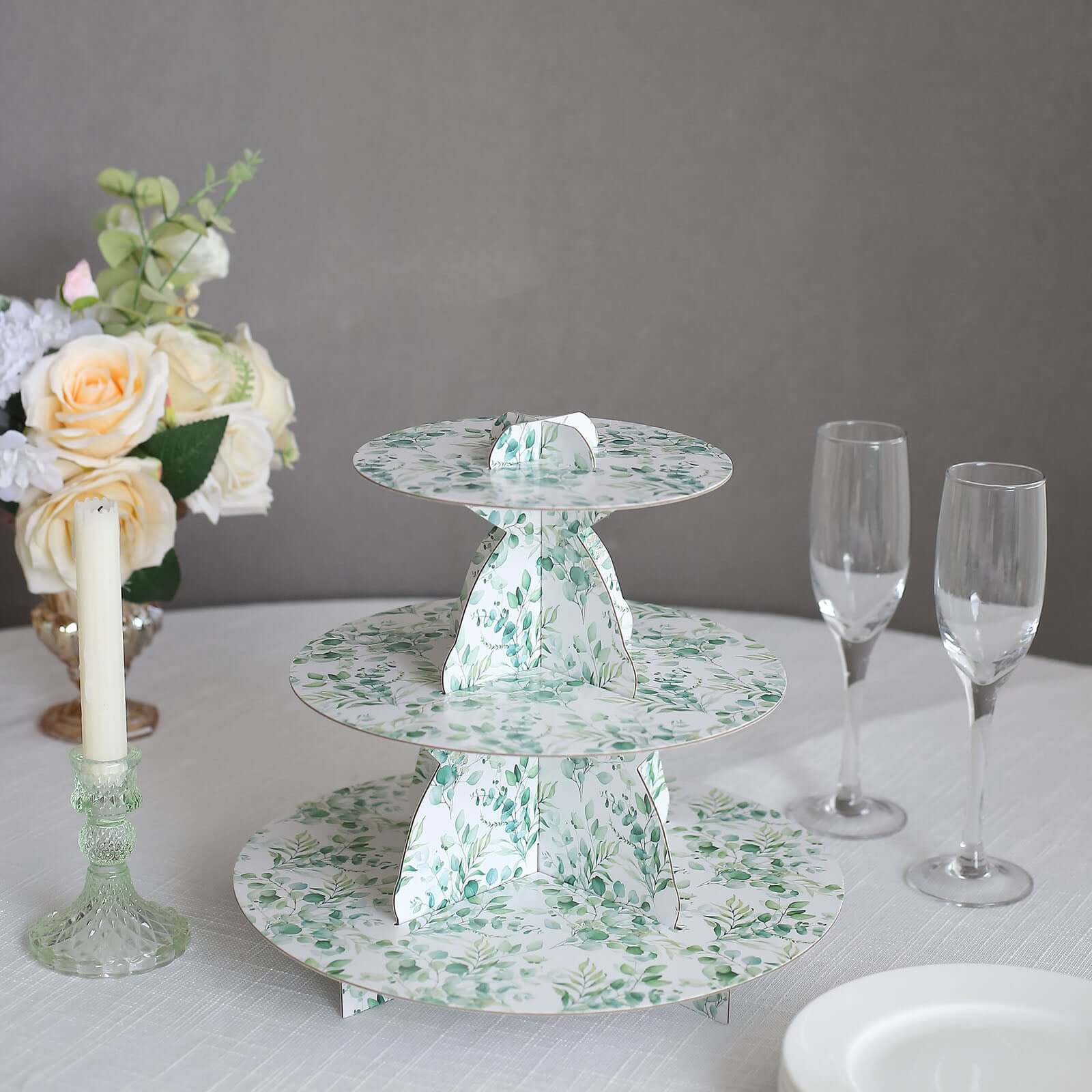 3-Tier Cardboard Cupcake Stand White with Green Eucalyptus Leaves Pattern - Reusable Dessert Display Stand Round Serving Platter for High-Tea Gatherings Weddings & Spring Celebrations 11"