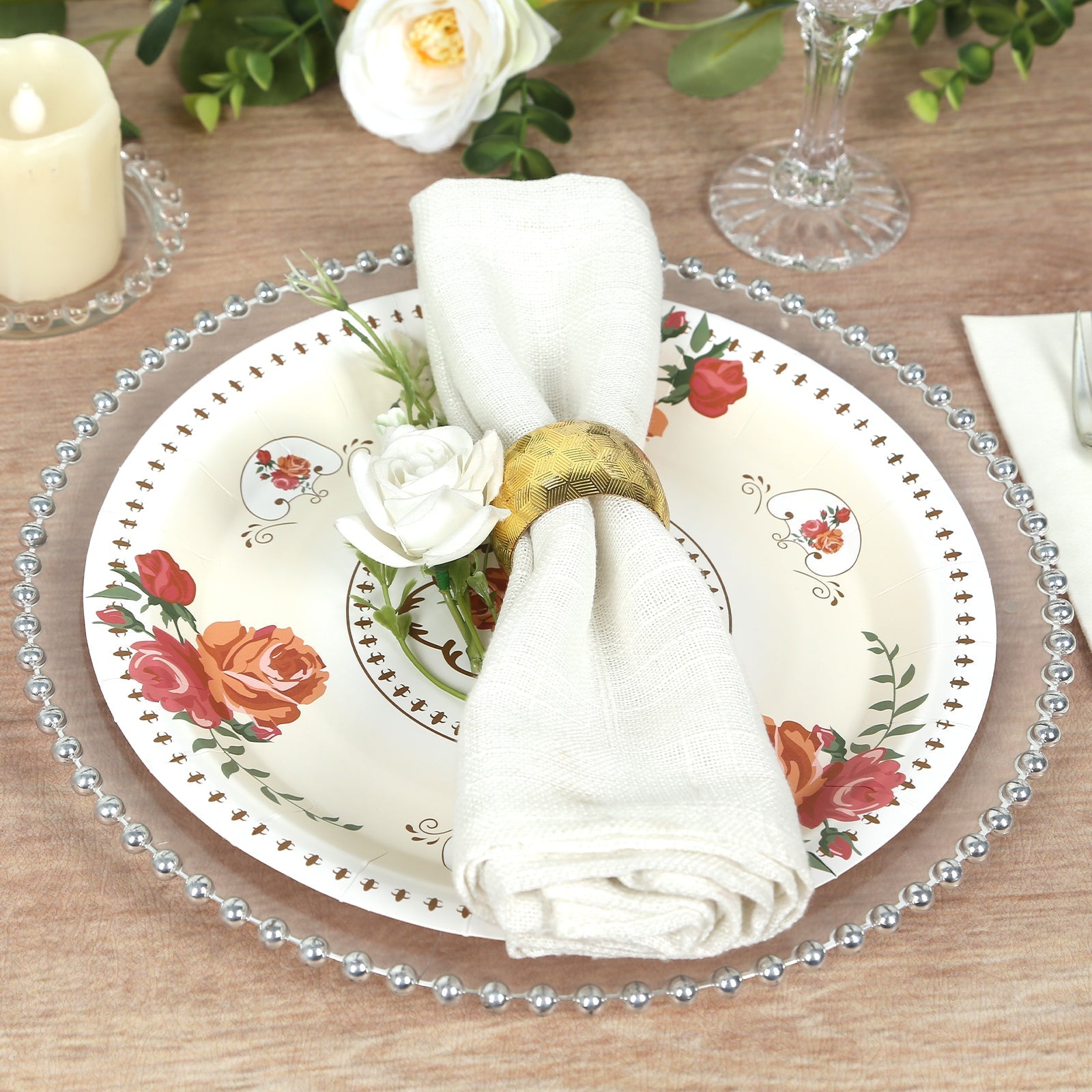 25-Pack Paper 9" Round Dinner Plates in Ivory with Vintage Rose Flower Print - Disposable Plates for High Tea Gatherings & Romantic Celebrations