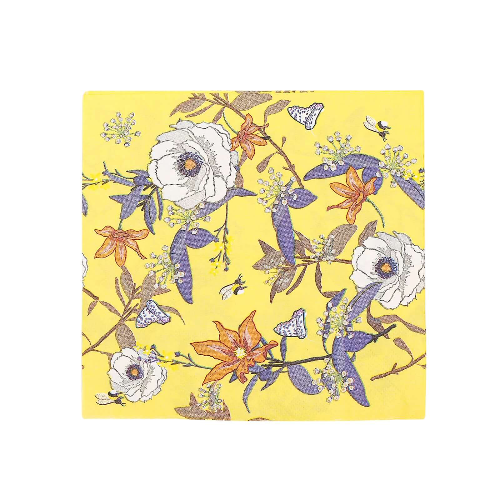 50-Pack Paper Beverage Napkins with Blooming Flowers Design Yellow - 2 Ply Soft 18GSM Floral Wedding Napkins 6.5"x6.5"
