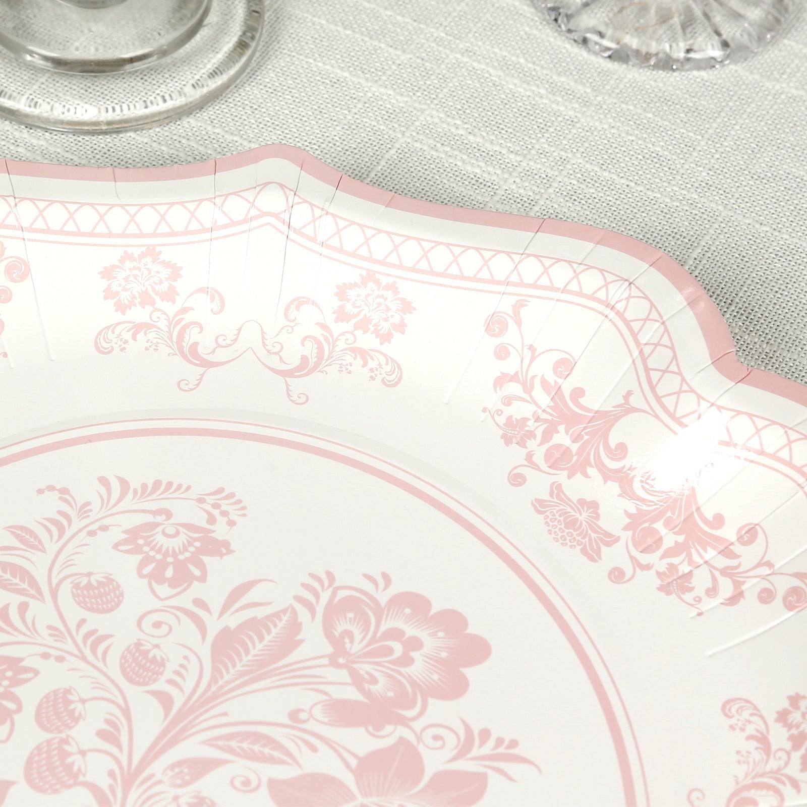 25-Pack Paper Dinner Plates in White Pink Damask Floral Pattern & Scallop Rim - Stylish Disposable 300GSM Floral Party Plates 10"