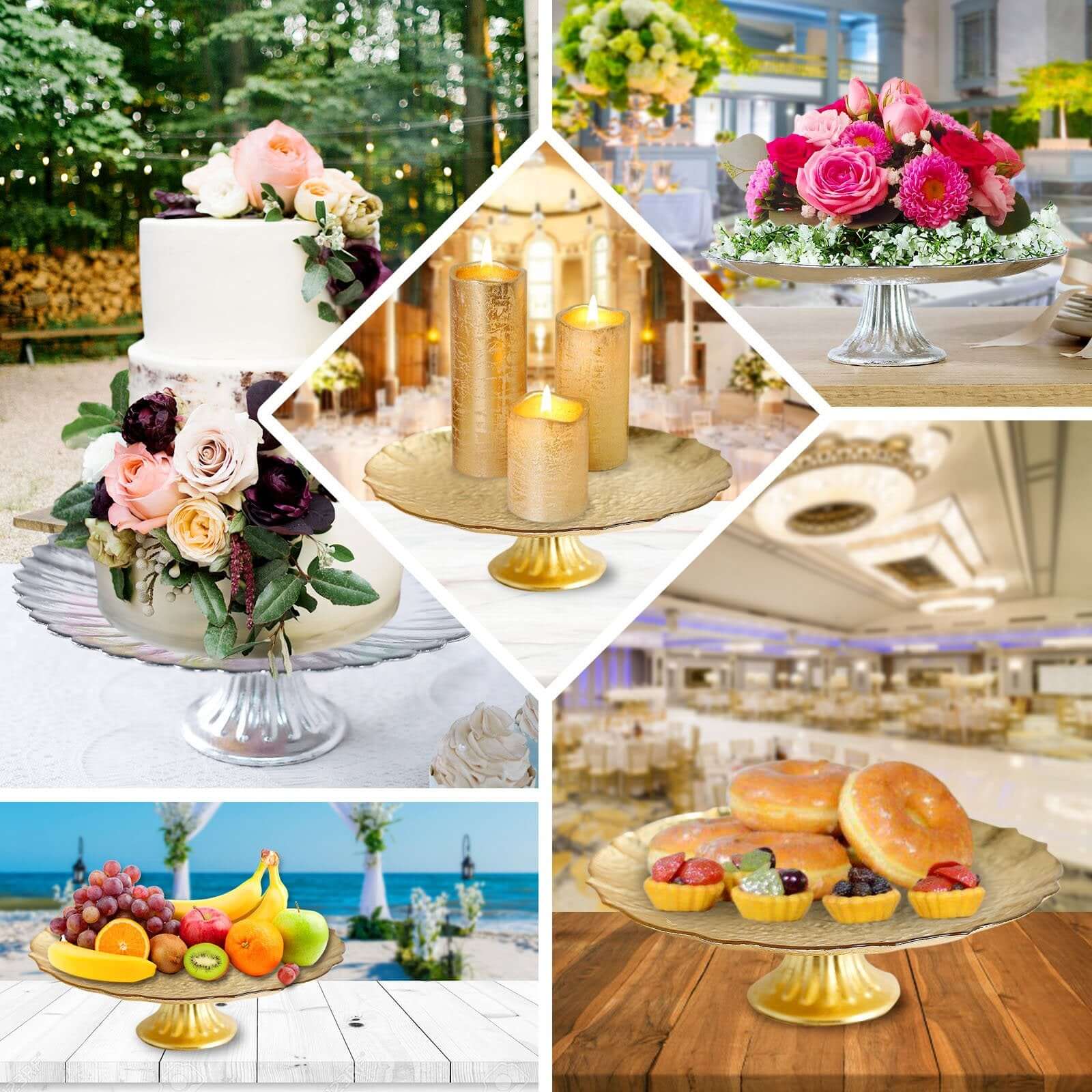 Glass Pedestal Cake Stand Scalloped Edge Design Rose Gold - Cupcake Holder and Dessert Display Plate 14"