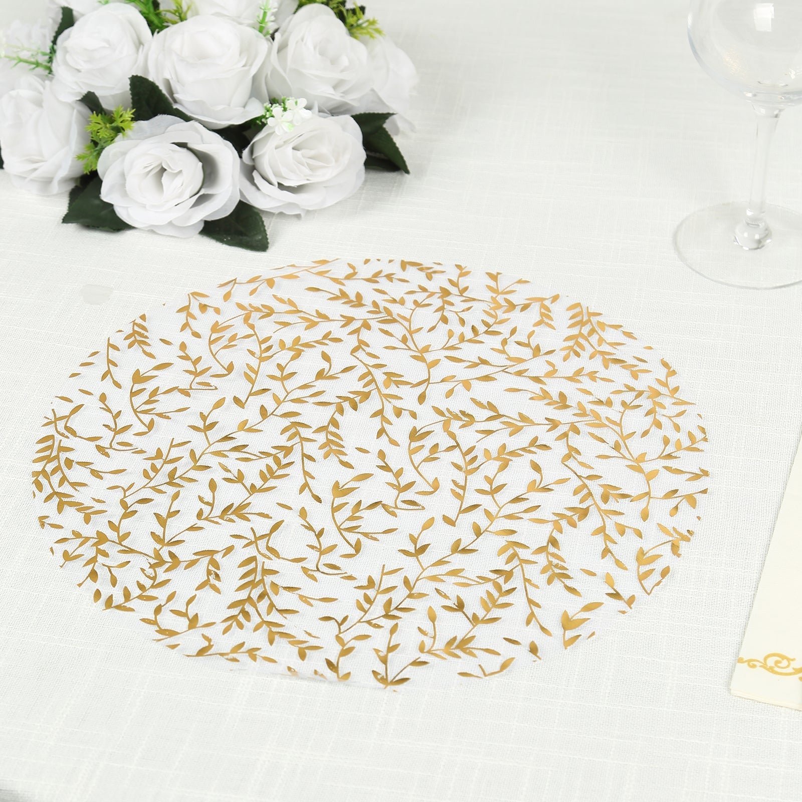 10-Pack Table Placemats Gold Foil Leaf Vine Design White Round - Organza Disposable Floral Mats 13"