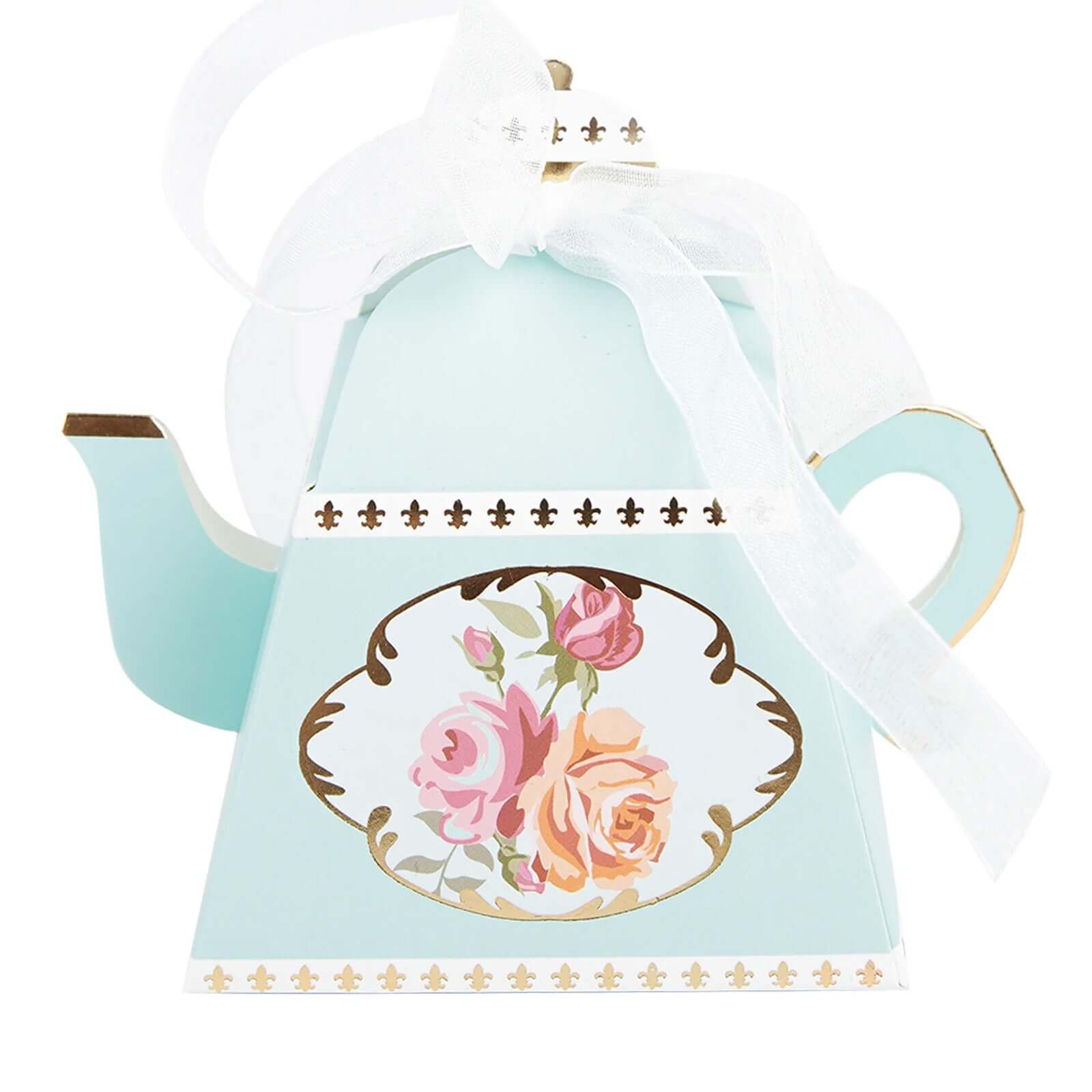 25 Pack 4" Light Turquoise Mini Teapot Favor Boxes, Vintage Rose Gift Boxes with Ribbons