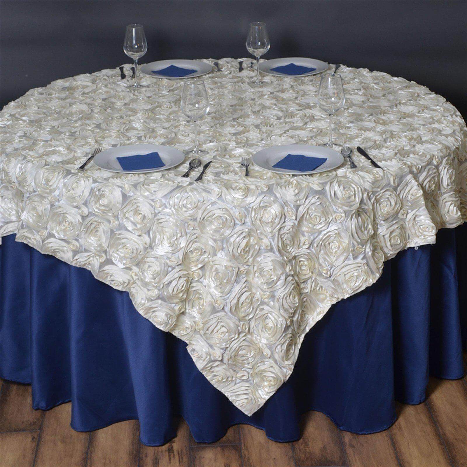 72"x72" Ivory 3D Rosette Satin Square Table Overlay