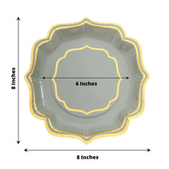 25-Pack Paper Dessert Plates in Sage Green with Gold Scallop Rim - Disposable 300GSM Appetizer Salad Plates 8"