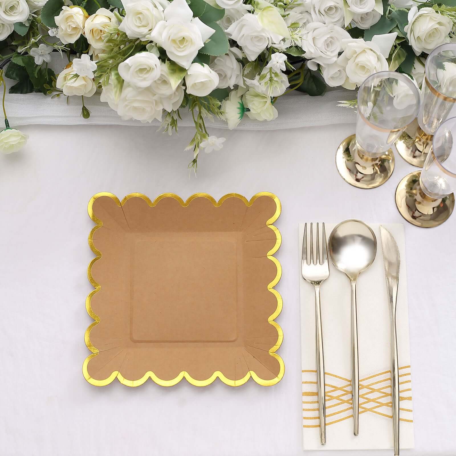 25-Pack Paper 7" Square Dessert Plates in Natural Brown with Gold Scalloped Rim - Disposable Salad Appetizer Party Plates for Stylish Outdoor Events & Boho Celebrations