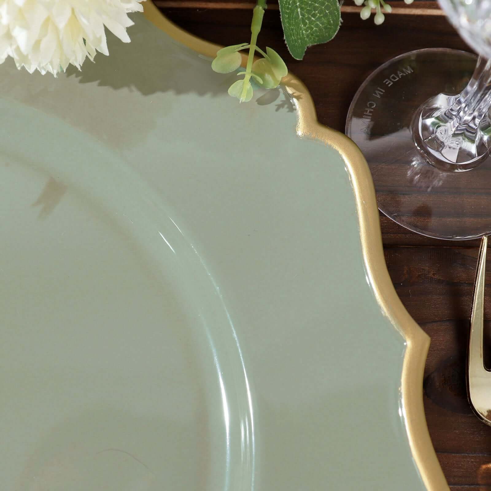6-Pack Acrylic Round Charger Plates 13" in Dusty Sage Green with Gold Scalloped Rim, Decorative Dinner Party Plastic Charger Tableware