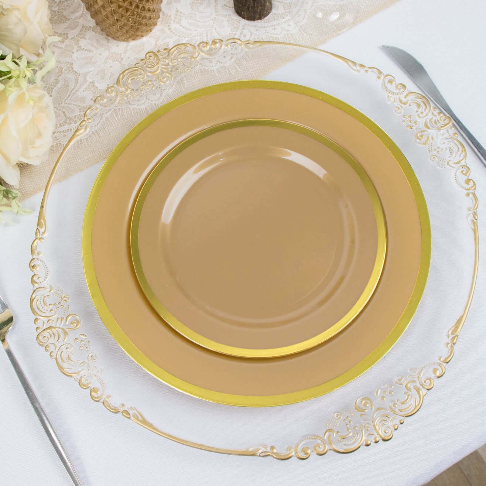 10-Pack Plastic 7" Round Appetizer Plates in Gold with Gold Rim - Sleek Disposable Salad Plates for Banquets & Special Occasions