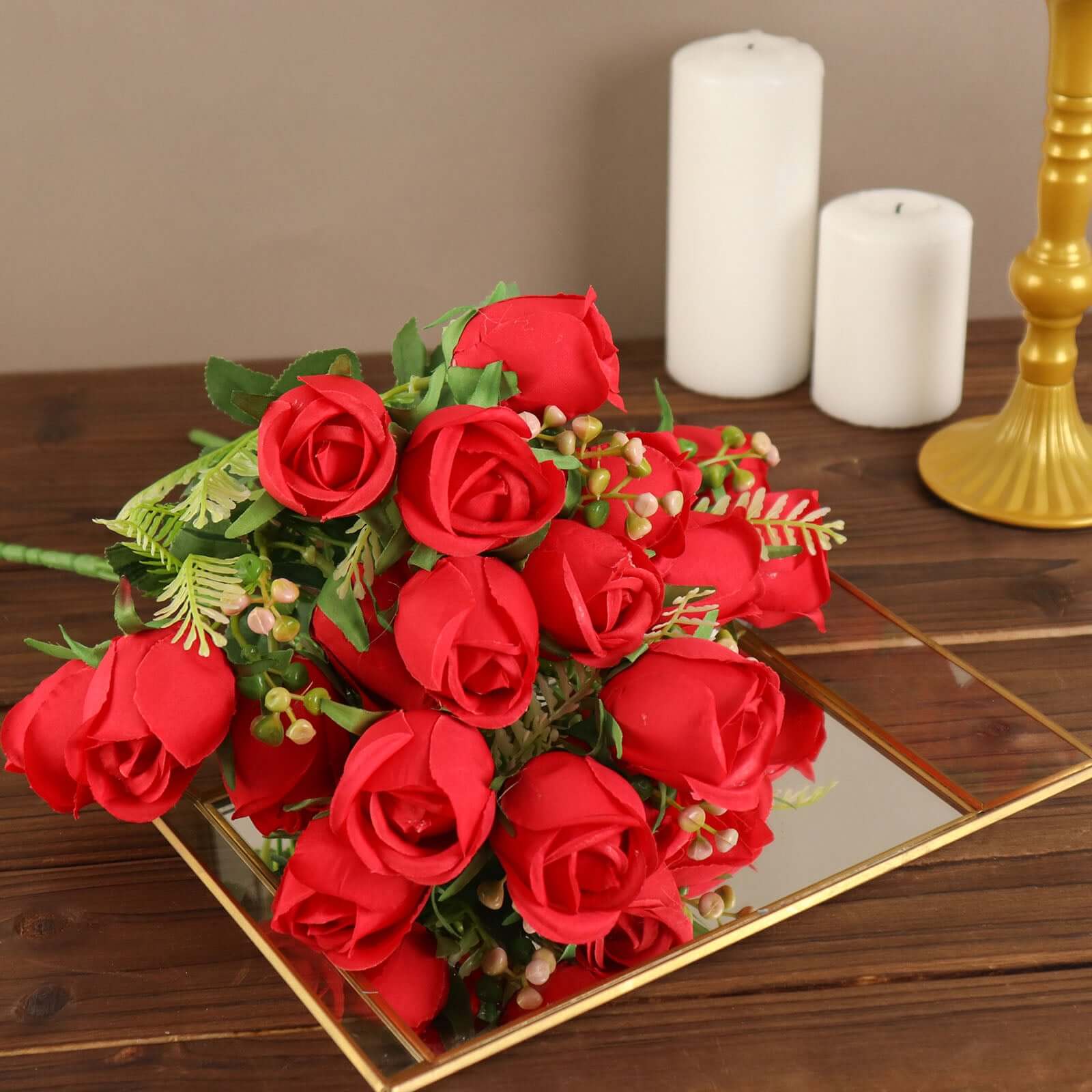 3 Pack 13" Red Real Touch Silk Rose Bud Flower Bridal Bouquets, Artificial Floral Bush Arrangements