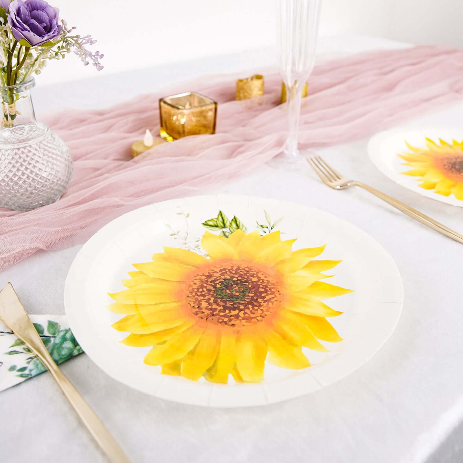 25-Pack Paper 9" Round Dinner Plates in White with Sunflower Design - Disposable Party Plates for Rustic Events & Garden Themes
