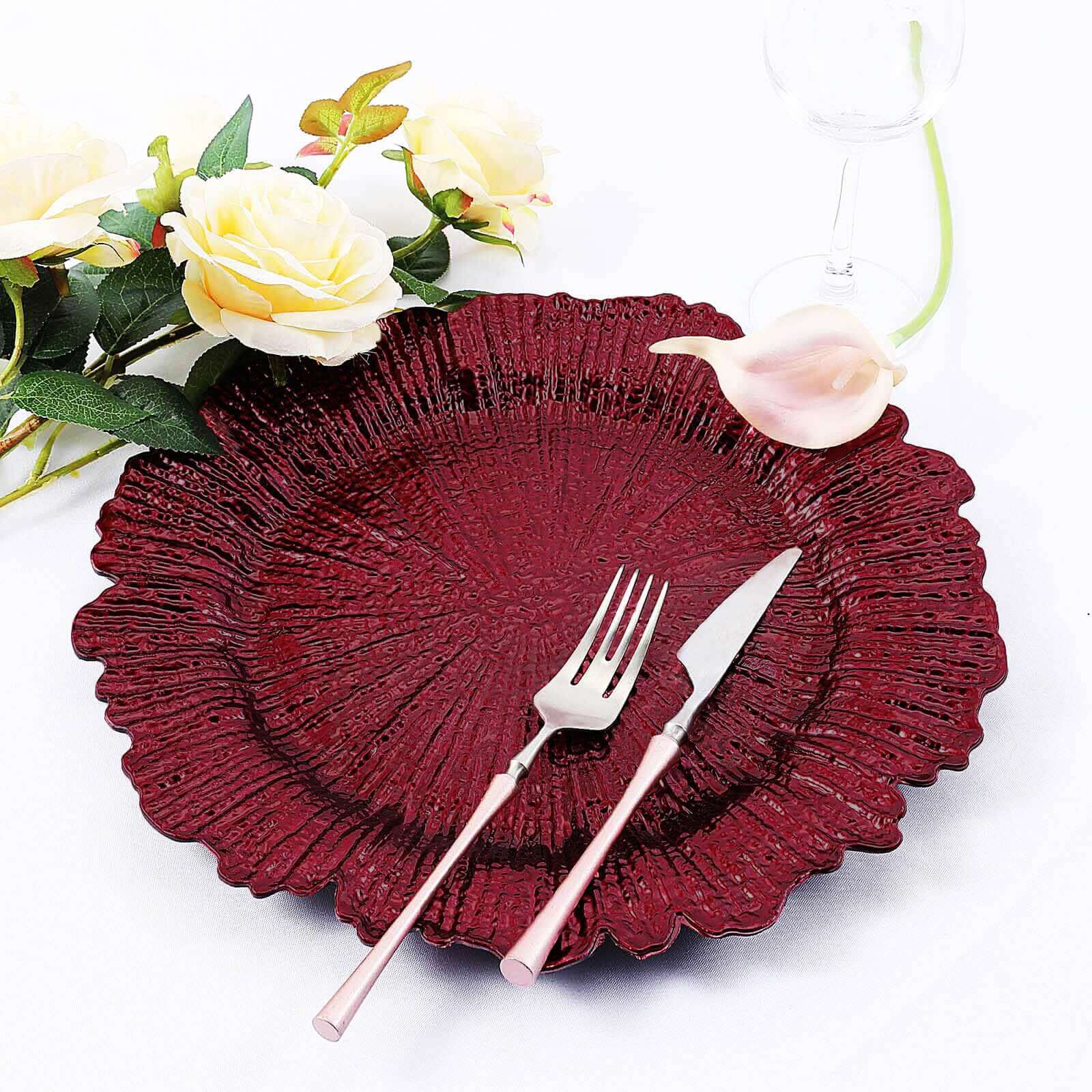 6-Pack Acrylic Plastic Round Charger Plates 13" in Burgundy with Reef Design, Dinner Charger Tableware