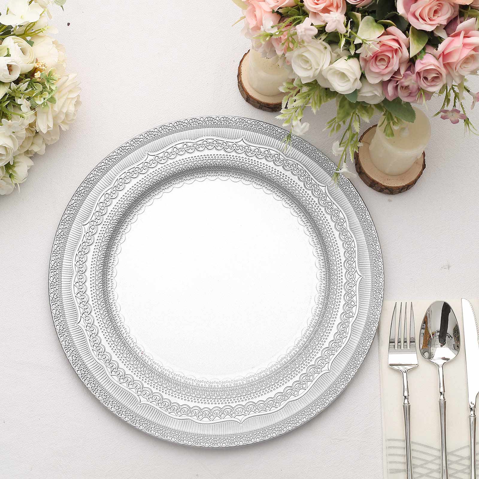 6-Pack Acrylic Round Charger Plates 13" in Silver with Lace Embossed Rim, Rustic Plastic Decorative Charger Tableware