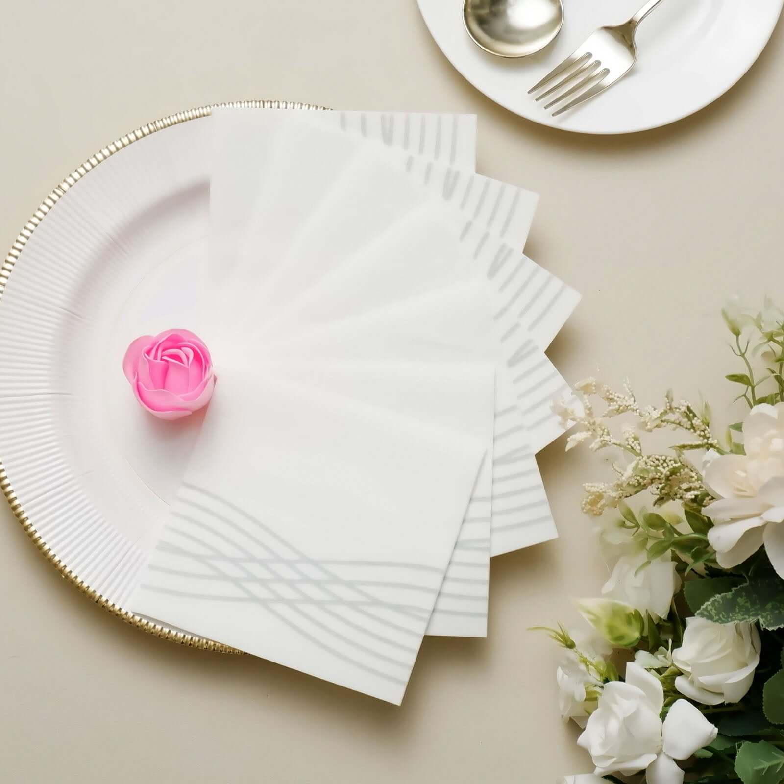 20 Pack Linen-Like Paper 5"x5" Napkins White - Silver Foil Wave Design Airlaid Cocktail Napkins