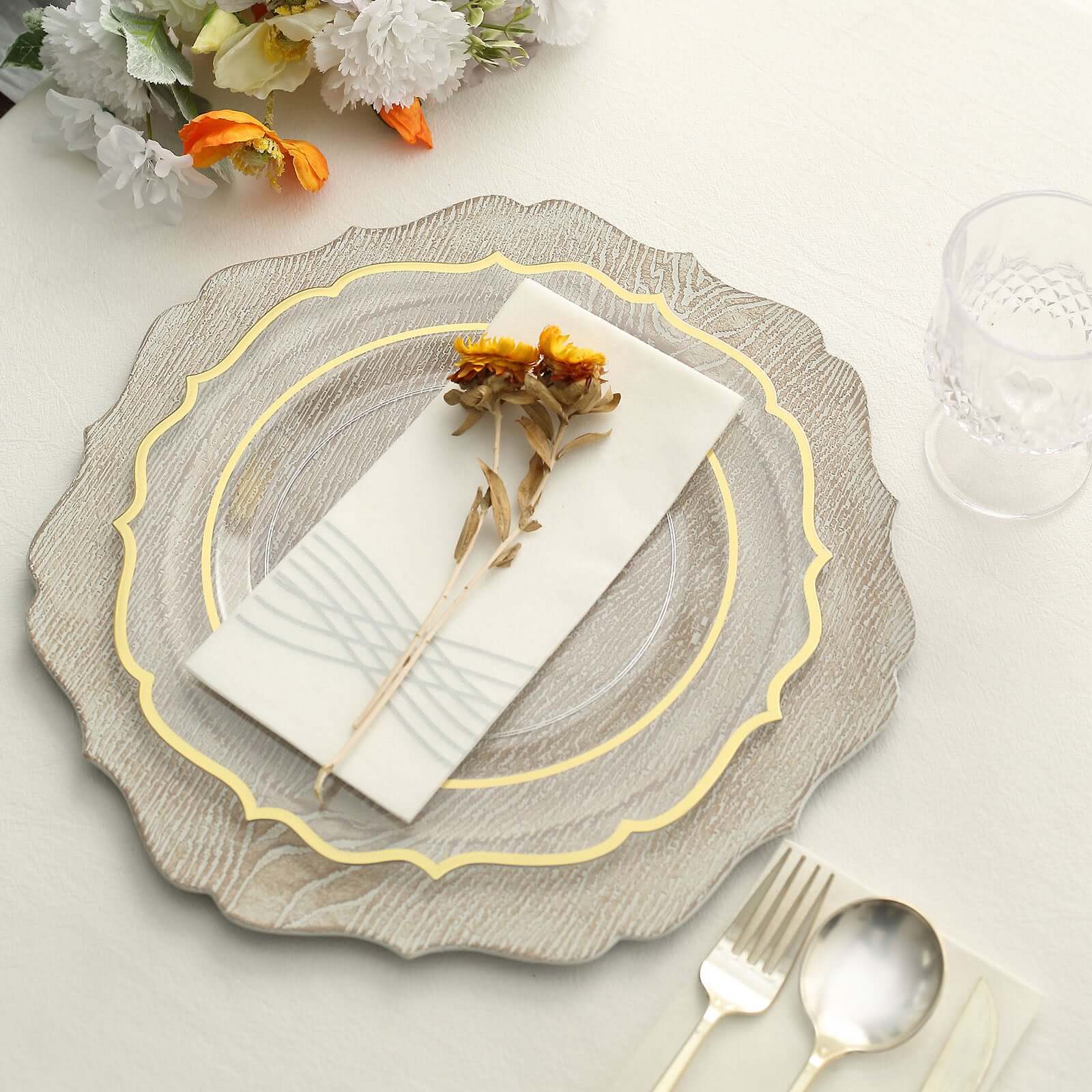 6-Pack Acrylic Round Charger Plates 13" in Rustic White with Wood Grain Scalloped Rim, Decorative Dinner Party Charger Tableware