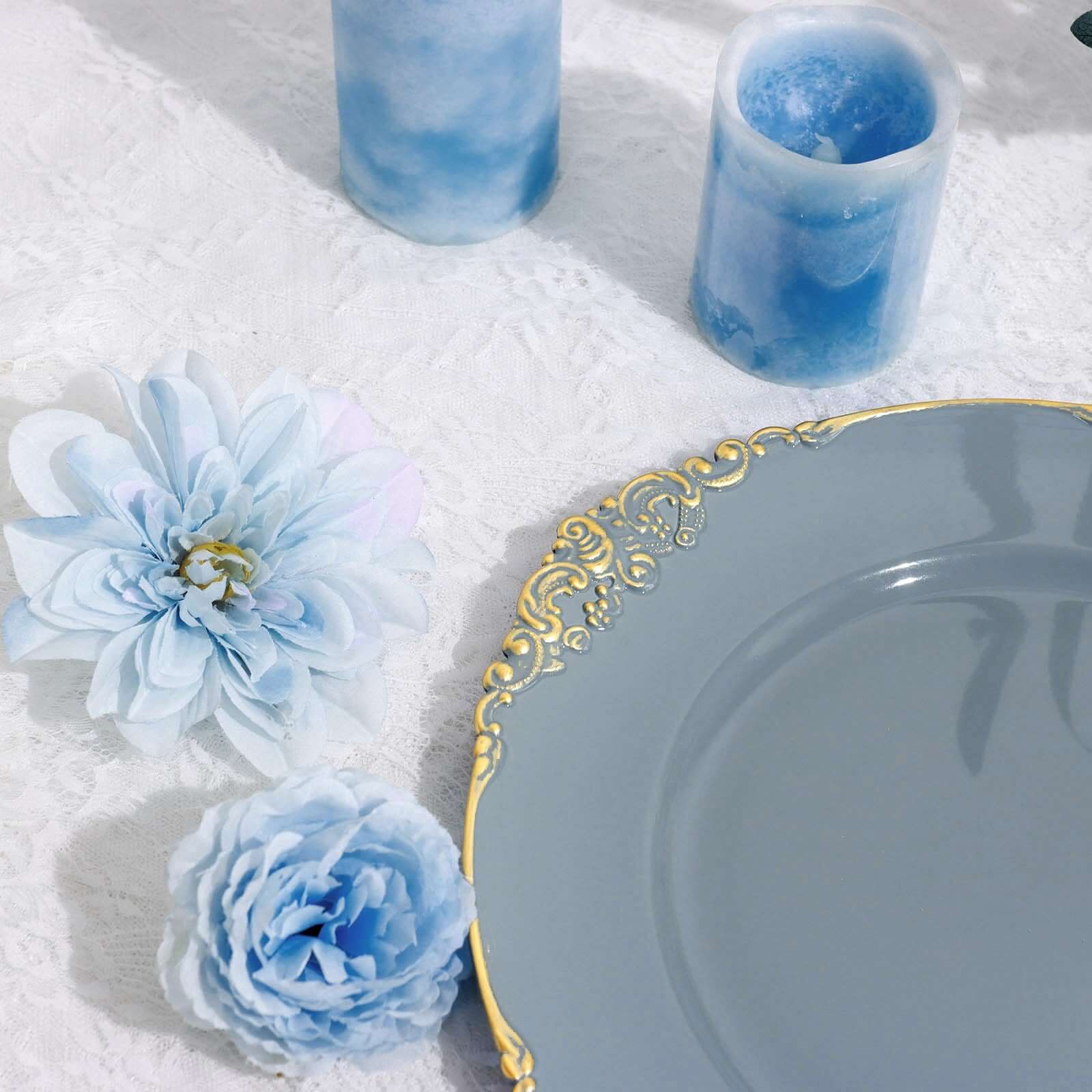 6-Pack Acrylic Round Charger Plates 13" in Dusty Blue with Gold Embossed Baroque Rim, Antique Decorative Dinner Party Charger Tableware