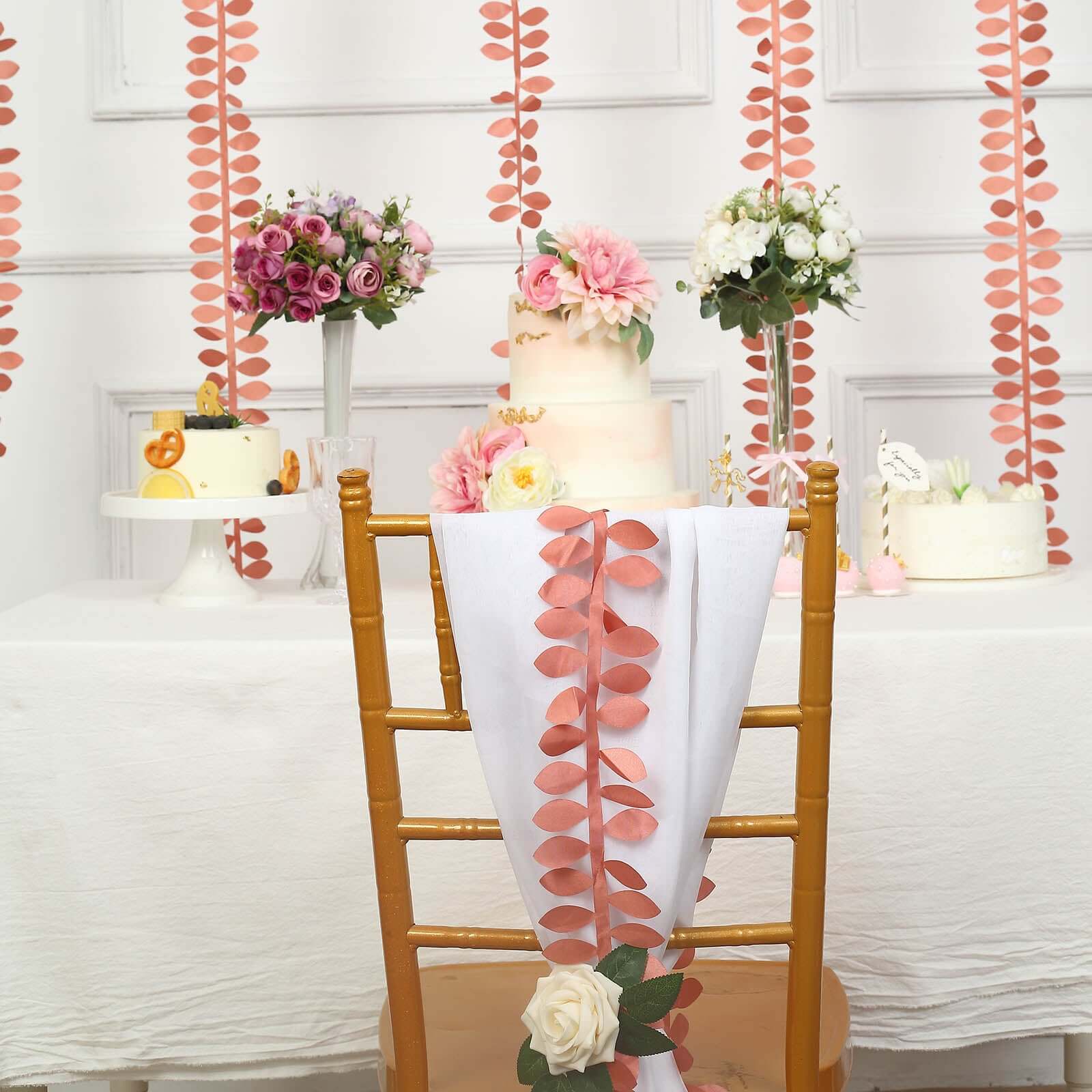Taffeta Ribbon Sash with 4" Leaf Petal Design Terracotta (Rust) 50ft - Sophisticated Artificial Fabric Garland