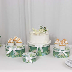 Set of 4 Cardstock Round Nesting Gift Boxes Greenery Theme Design - Decorative Heavy Duty Stackable Keepsake Boxes With Lids for Presents Storage & Pedestal Stand 5",7",8",9"