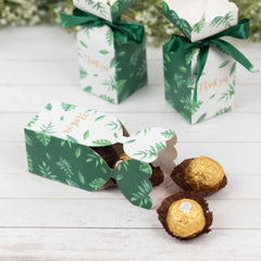 25 Pack White Green Leaf Print Satin Ribbon Candy Gift Boxes With Floral Top, Cardstock Paper Party Favor Boxes - 2"x5"