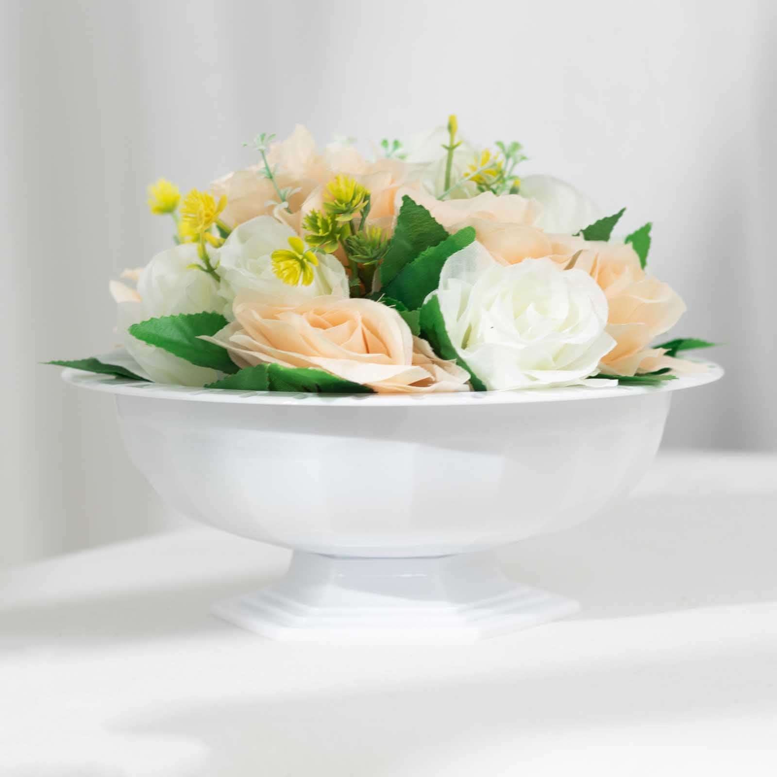 3-Pack Plastic Footed Compote Bowl Flower Vases Roman Style White - Round Decorative Pedestal Table Centerpieces 10"