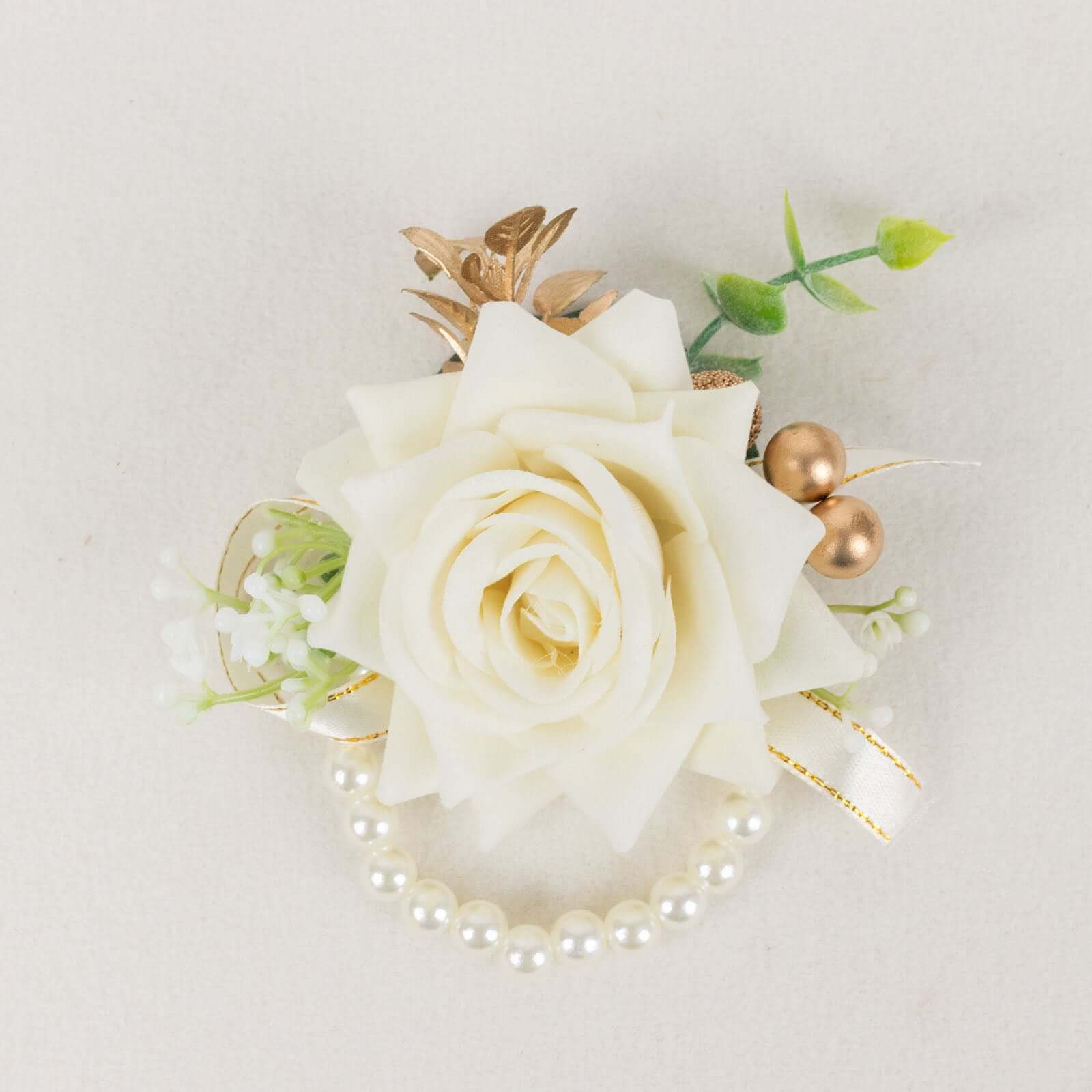 2 Pack White Artificial Rose Wrist Corsages With Pearls, 4" Flower Bracelet Wedding Accessories