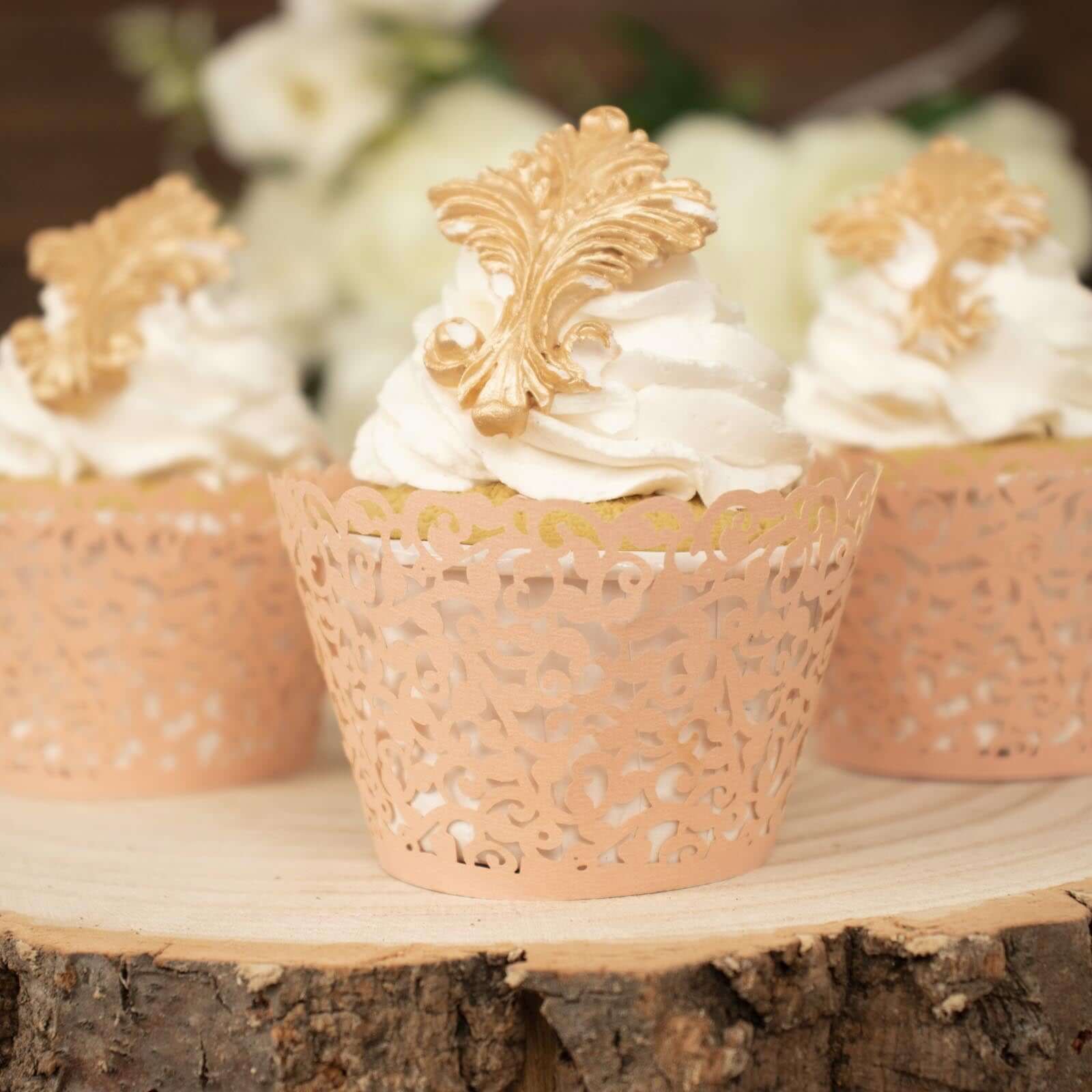 25-Pack Paper Cupcake Wrappers Lace Laser Cut Design Blush - Muffin Baking Cup Trays for Events