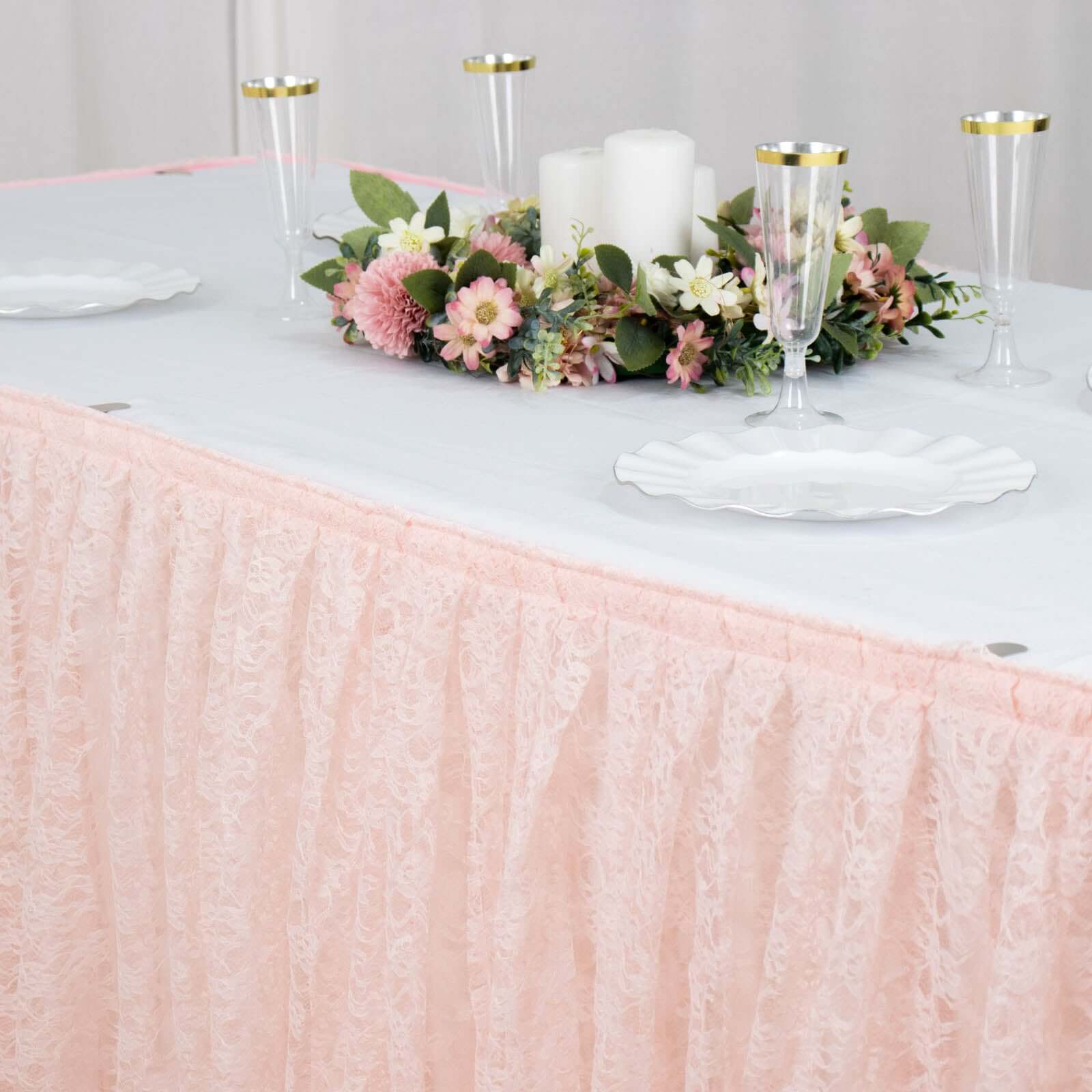 Lace 17ft Table Skirt Blush Premium Pleated - Vintage Style for Parties