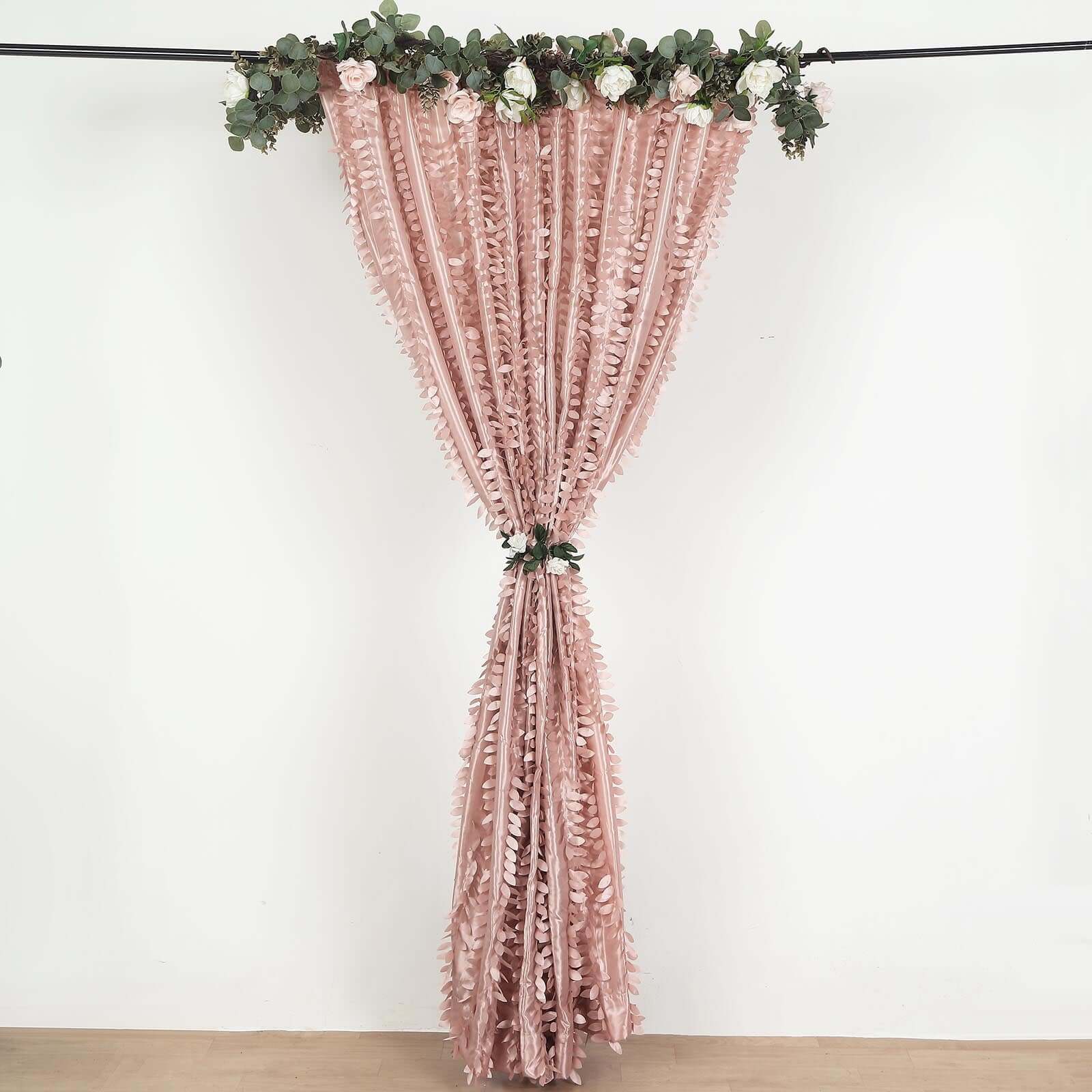 8ftx8ft Dusty Rose 3D Leaf Petal Taffeta Event Curtain Drapes, Backdrop Event Panel With Rod Pocket