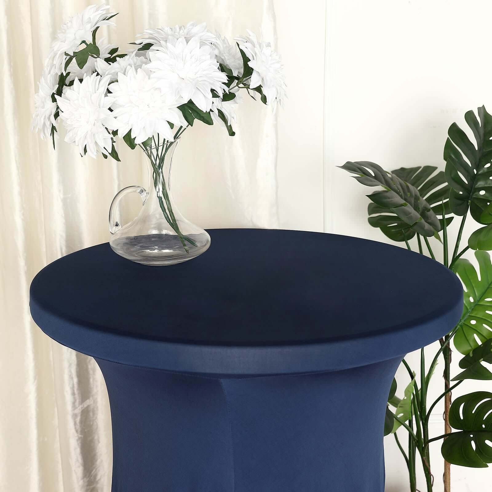 Spandex 32" Round Cocktail Table Cover Skirt Navy Blue With Natural Wavy Drapes