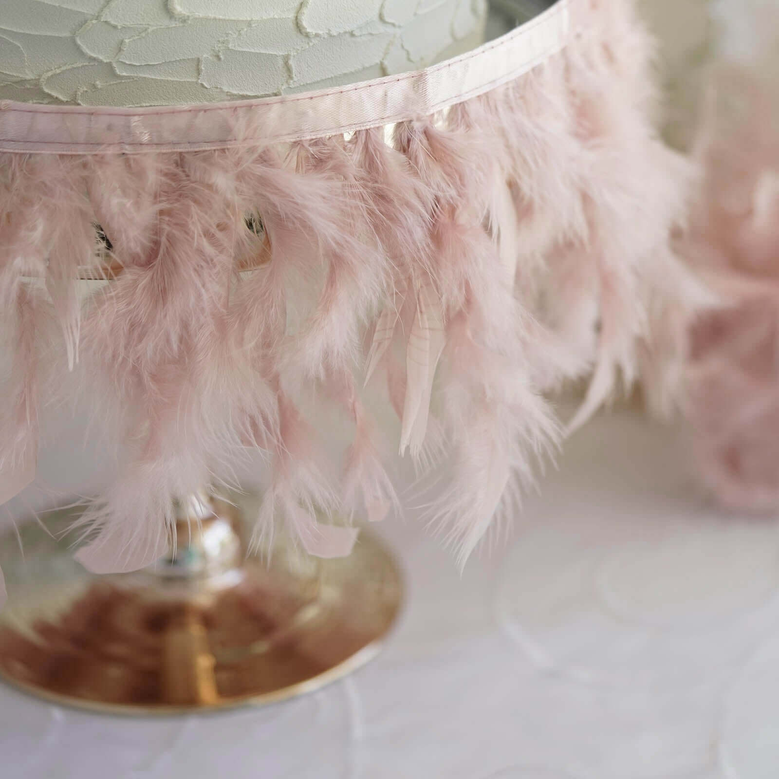 39" Dusty Rose Real Turkey Feather Fringe Trim With Satin Ribbon Tape