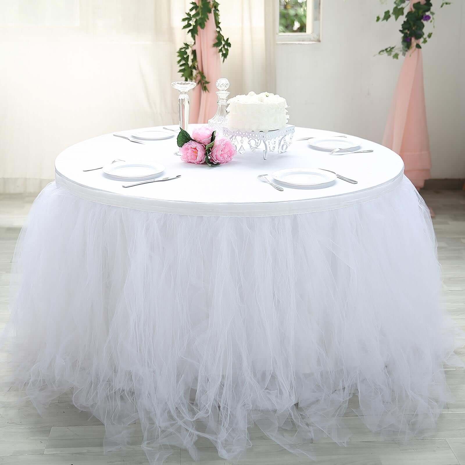 Tulle 14ft Table Skirt White - 4 Layer Pleated Tutu Chic & Soft Event Table Cover