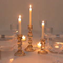 Set of 3 Amber Gold Ribbed Glass Taper Candlestick Holders, Fluted Crystal Candle Stands - 4", 6", 8"