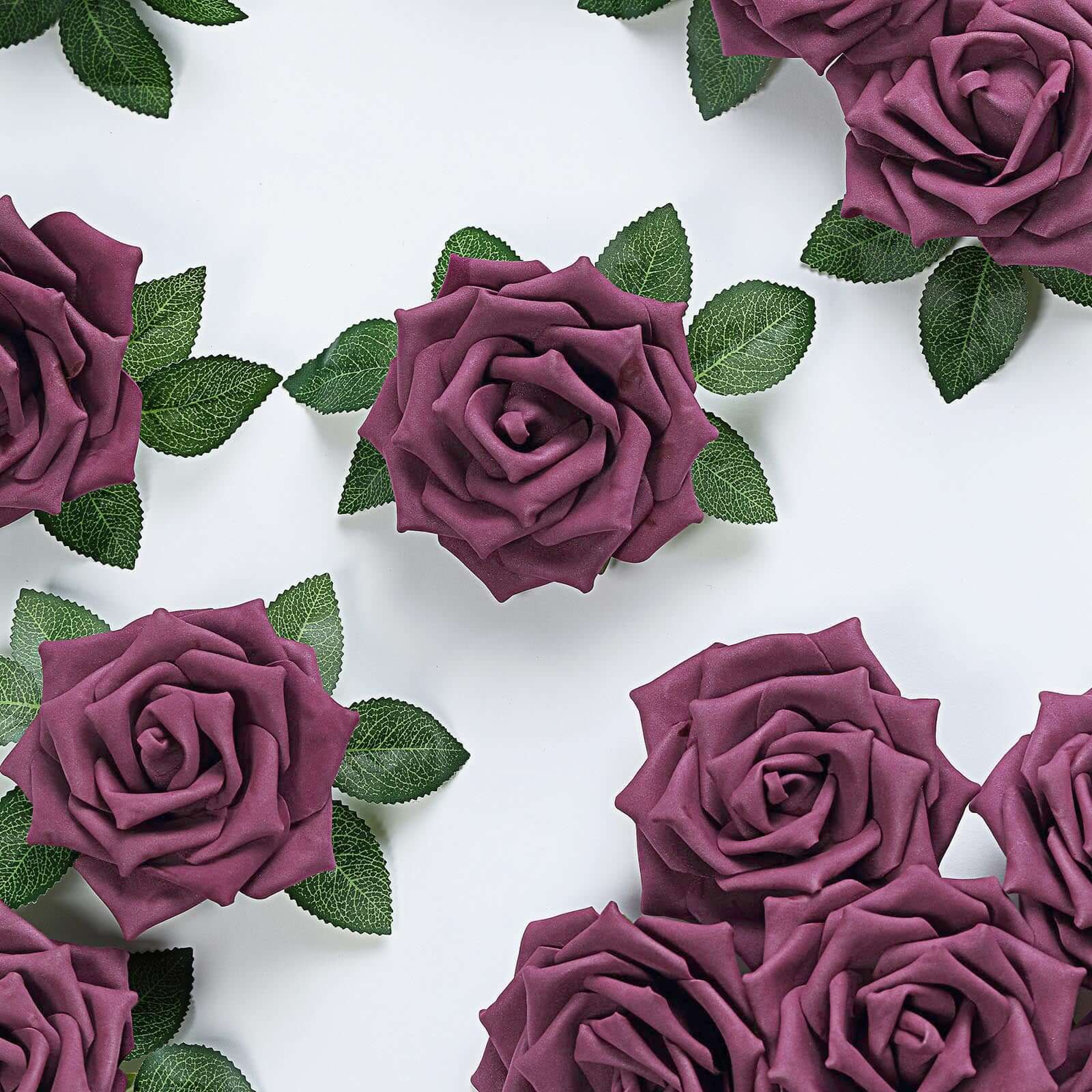 24 Roses 5" Eggplant Artificial Foam Flowers With Stem Wire and Leaves