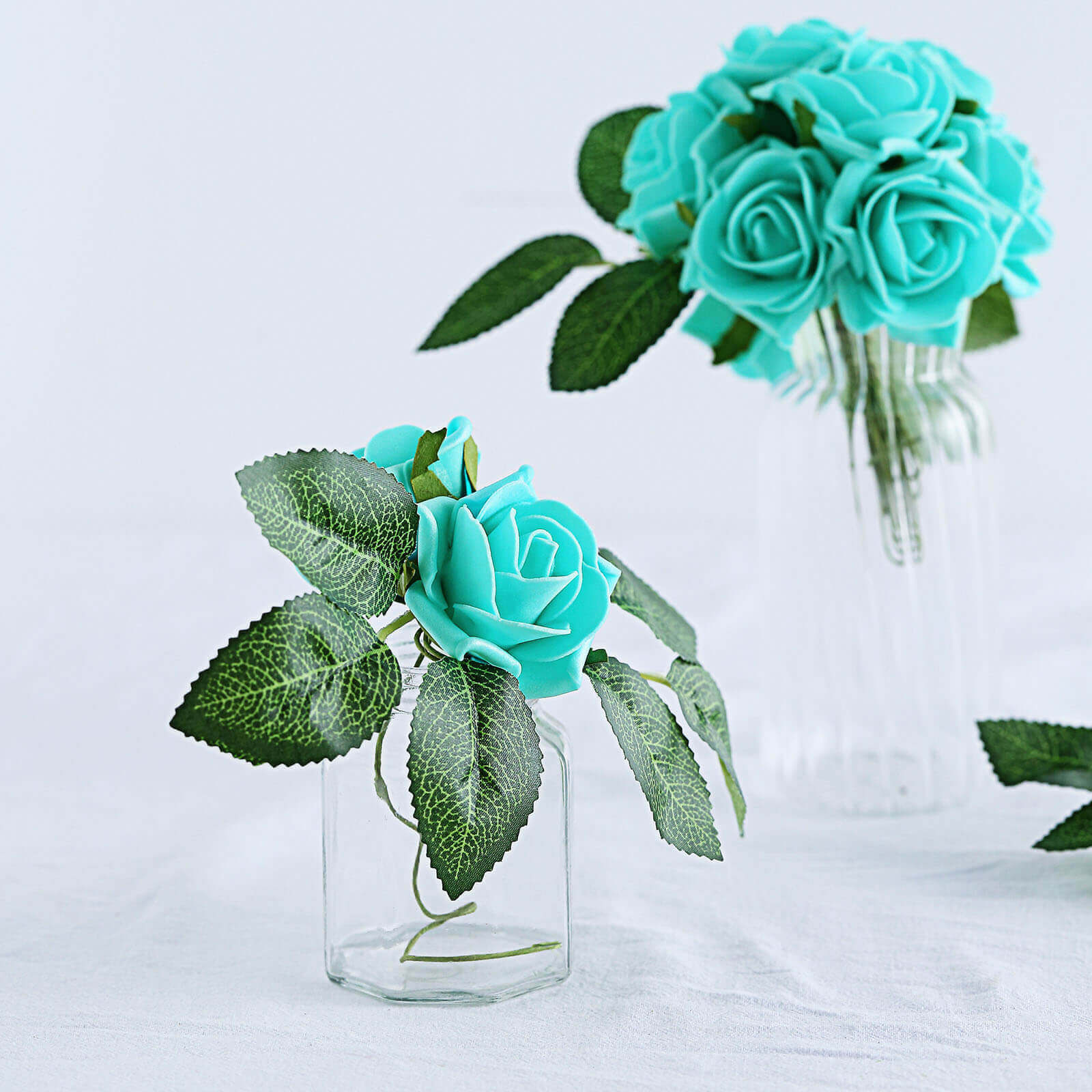 24 Roses 2" Turquoise Artificial Foam Flowers With Stem Wire and Leaves