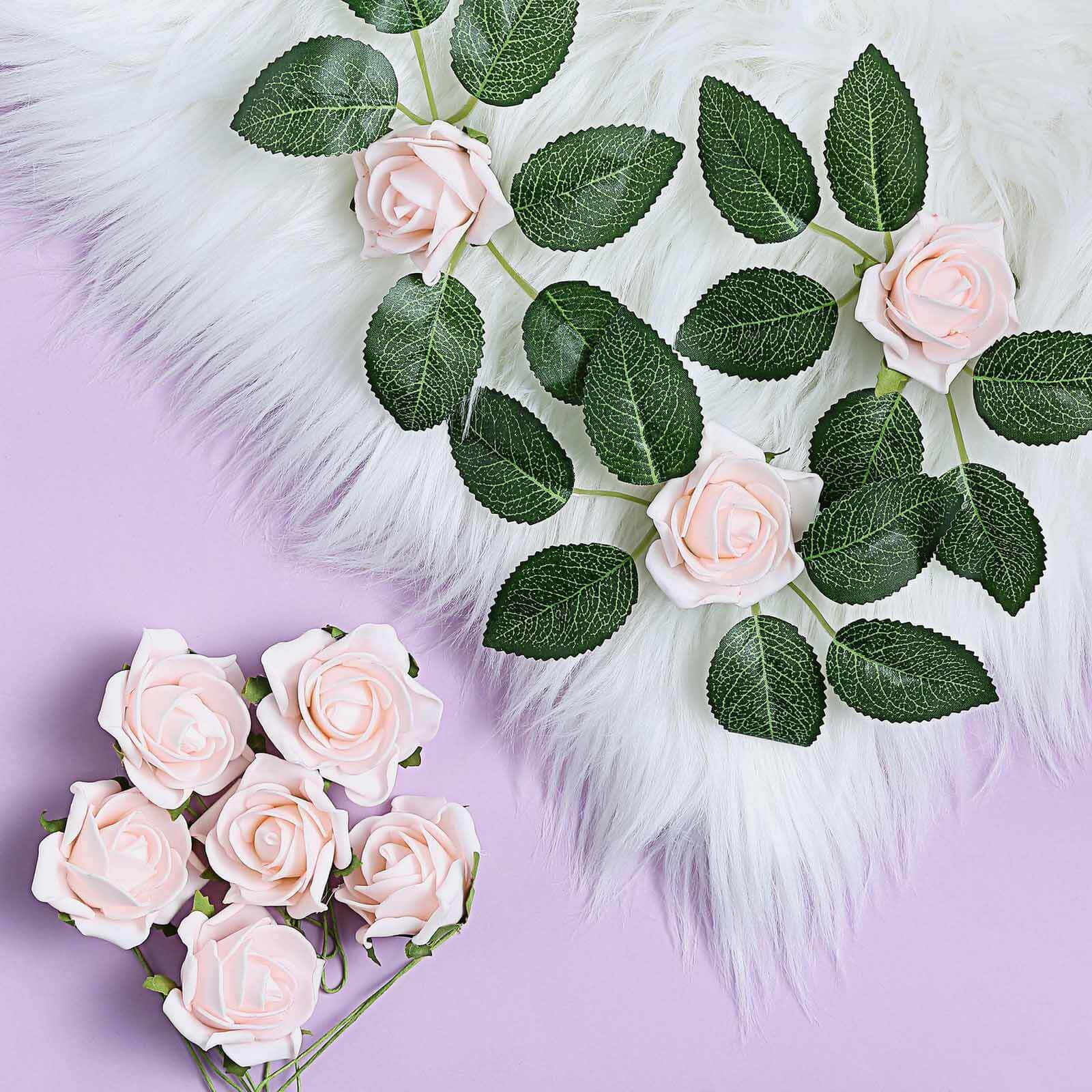 24 Roses 2" Blush Artificial Foam Flowers With Stem Wire and Leaves