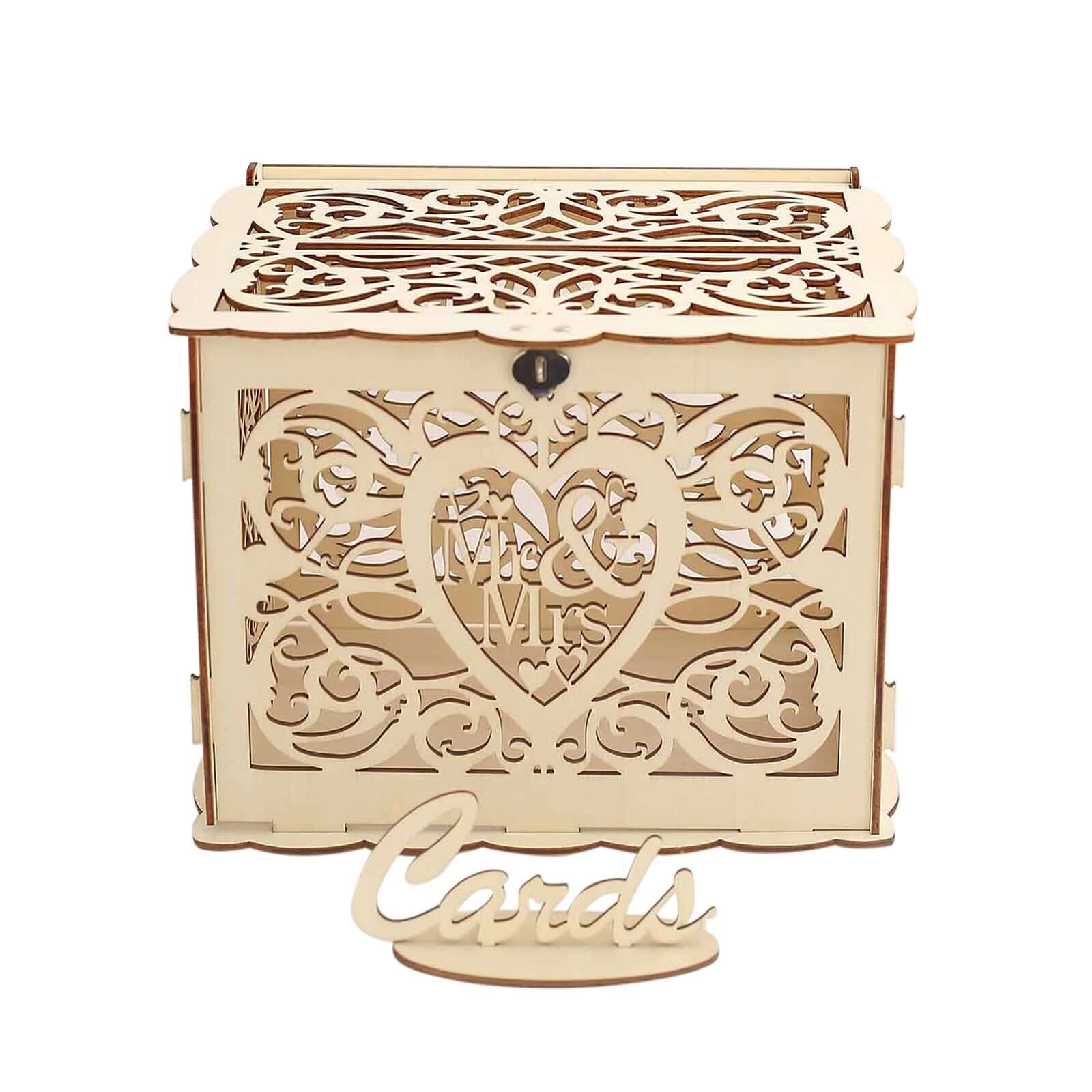 Natural Wooden Laser Cut "Mr. & Mrs." Wedding Card Box With Label, Rustic DIY Hollow Money Box And Stand - 12"x9"