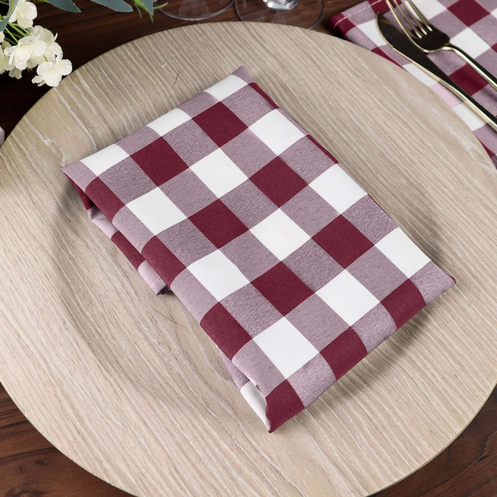 5 Pack Polyester 15"x15" Napkins Burgundy/White Buffalo Plaid Gingham Style Cloth Napkins