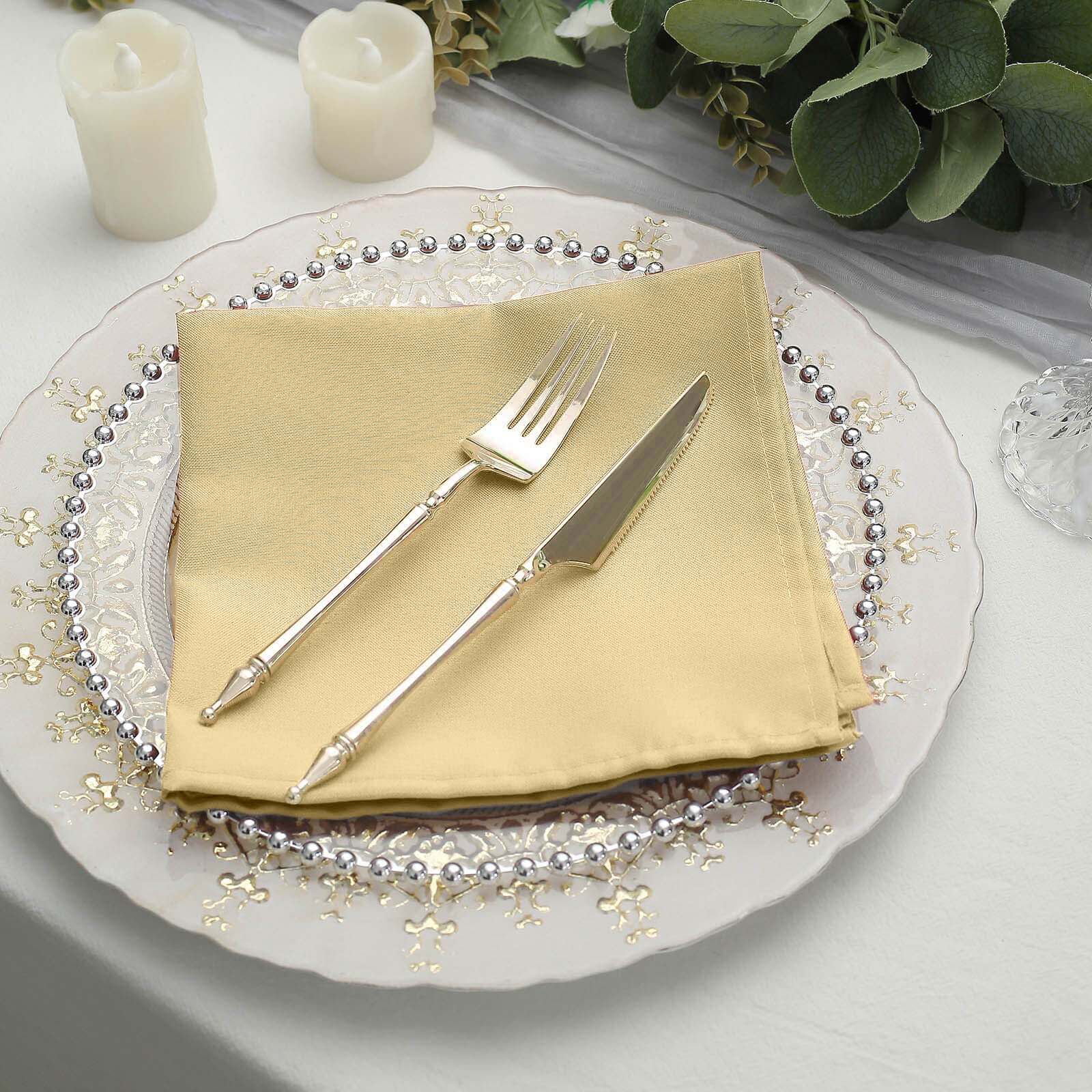 5 Pack Polyester 17"x17" Napkins Champagne - Durable & Wrinkle Resistant Dinner Napkins