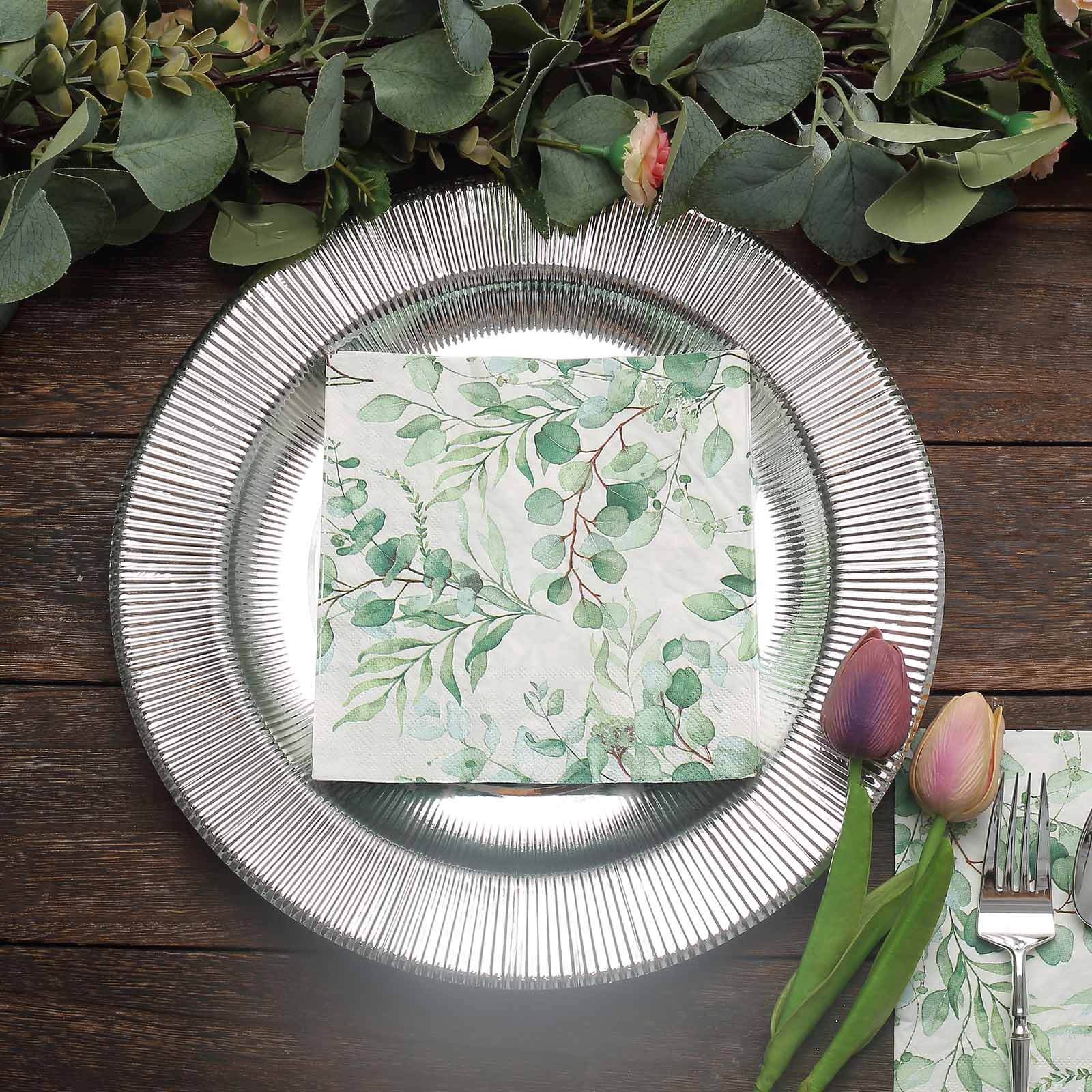 50-Pack Paper Beverage Napkins with Green Foliage Eucalyptus Leaves Design - 2 Ply Soft 18GSM Boho Wedding Napkins 6.5"x6.5"