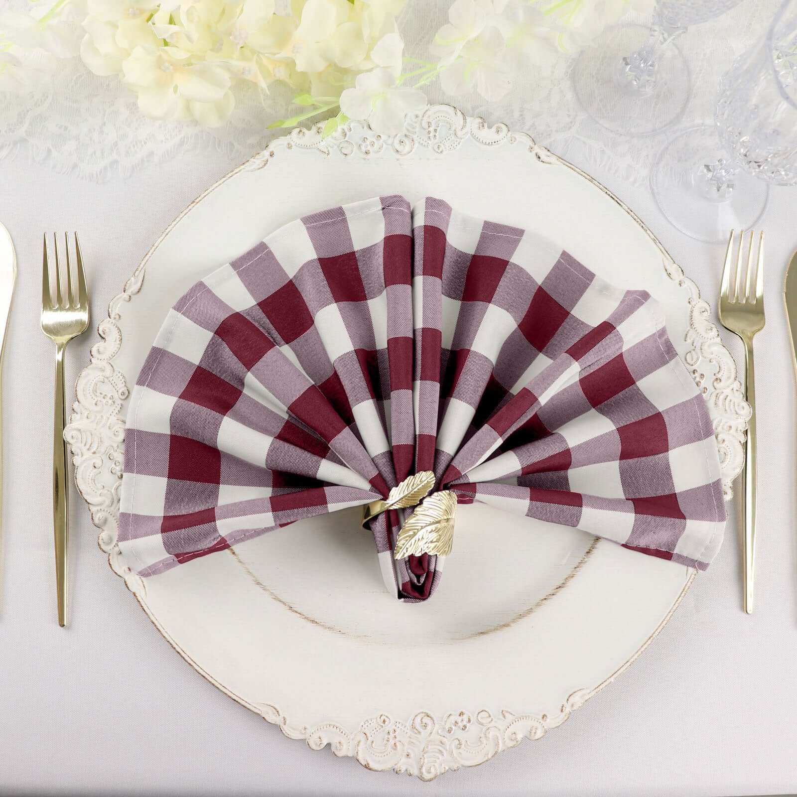 5 Pack Polyester 15"x15" Napkins Burgundy/White Buffalo Plaid Gingham Style Cloth Napkins