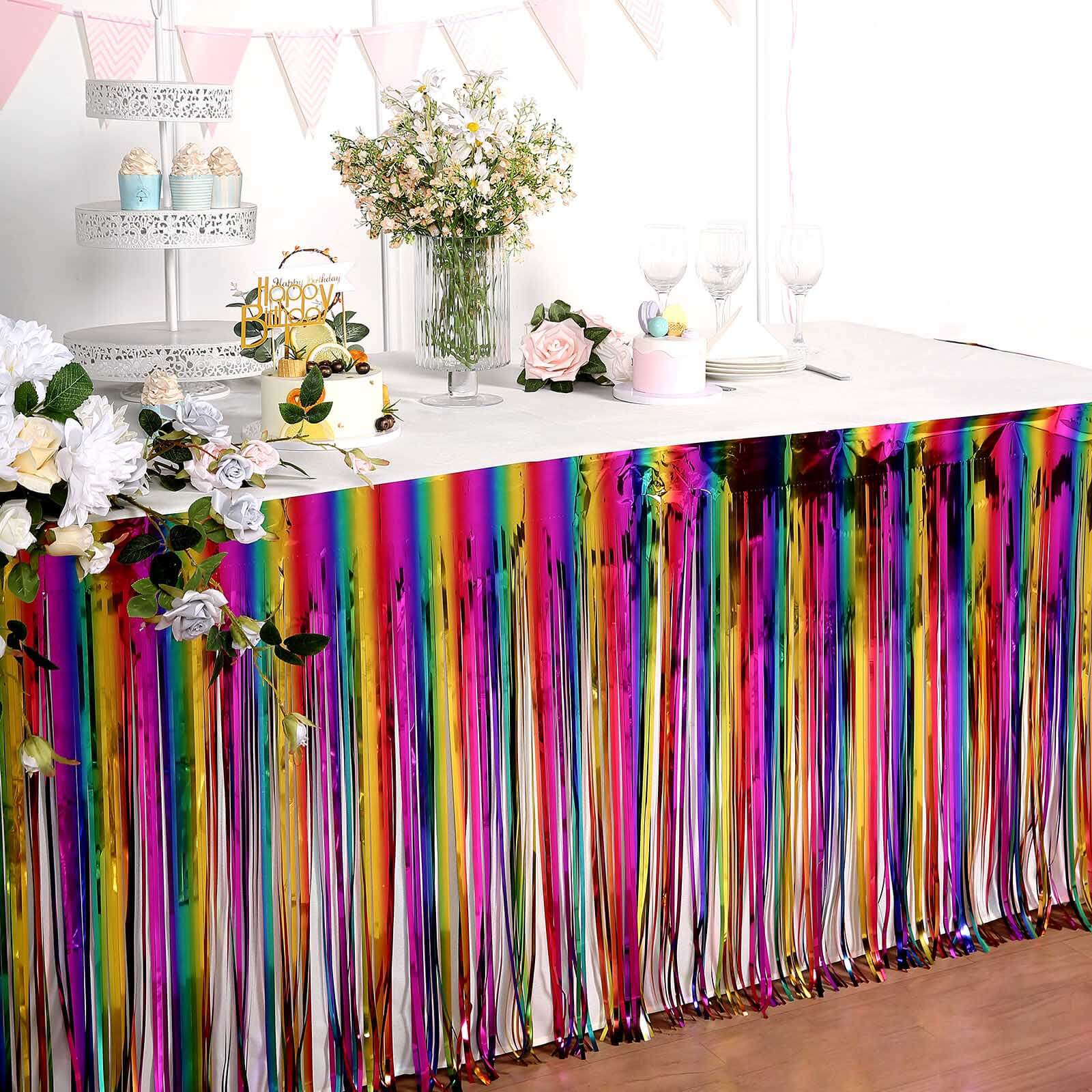 Metallic Foil Fringe Table Skirt Rainbow with Self Adhesive Backing - Durable Tinsel Skirt for Parties 30"x9ft