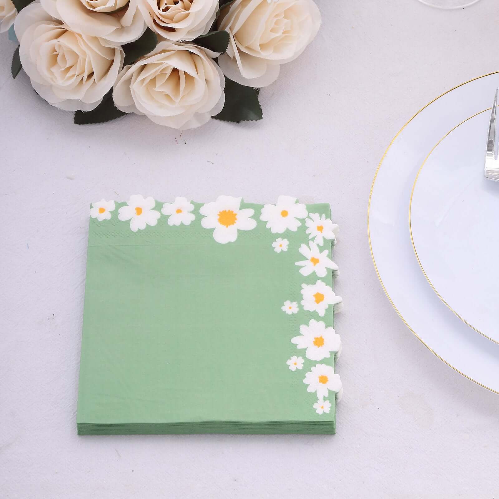 50-Pack Paper Beverage Napkins with Daisy Flower Design Sage Green - 2 Ply Soft 18GSM Floral Wedding Napkins 6.5"x6.5"
