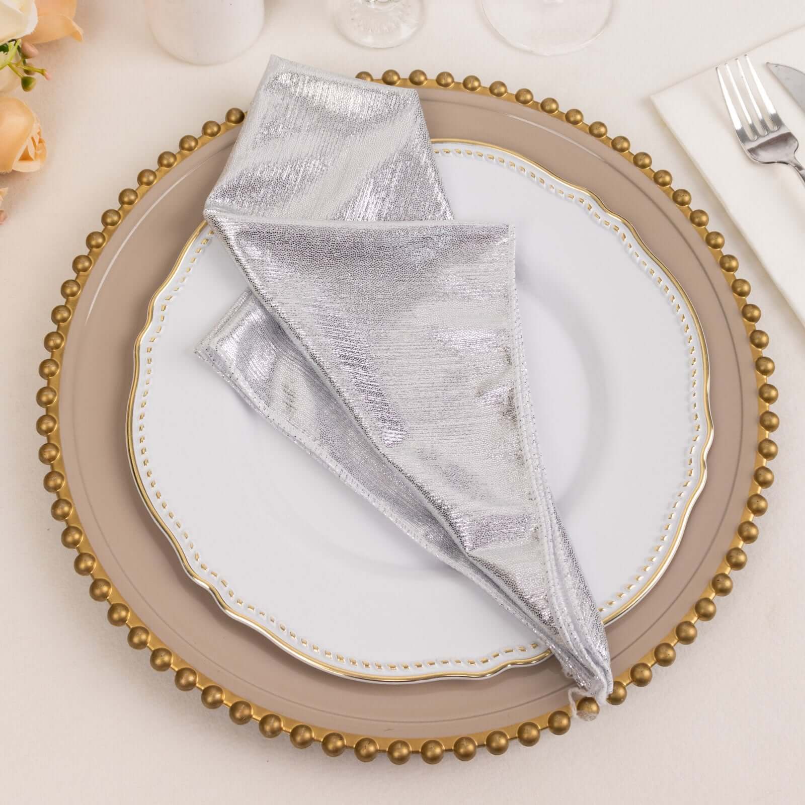 5 Pack Polyester 20"x20" Napkins Silver Shimmer Sequin Dots - Luminous Cloth Napkins