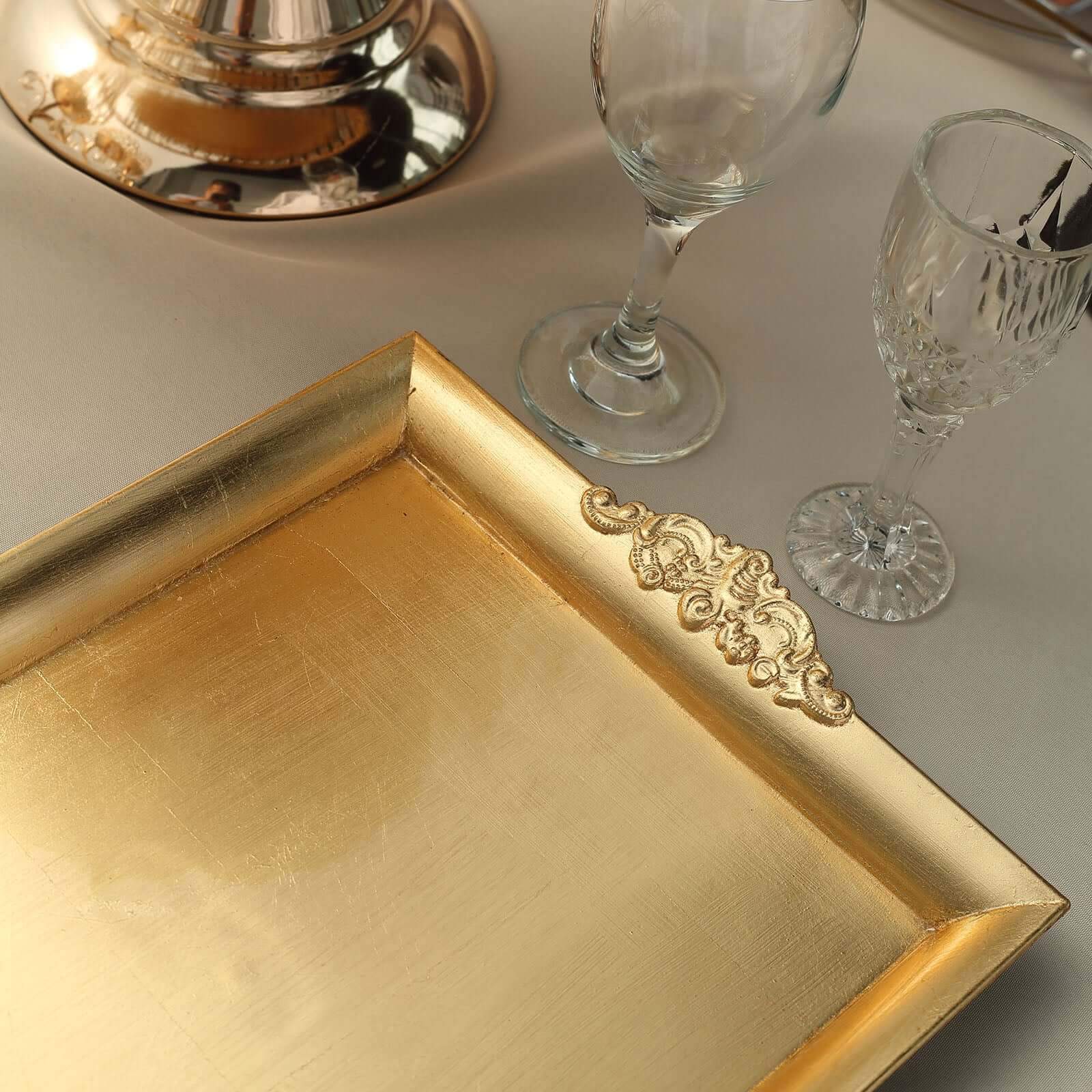 2-Pack Acrylic Rectangle Serving Trays 14"x10" in Gold with Embossed Handles, Sleek Decorative Dinner Party Food Platters