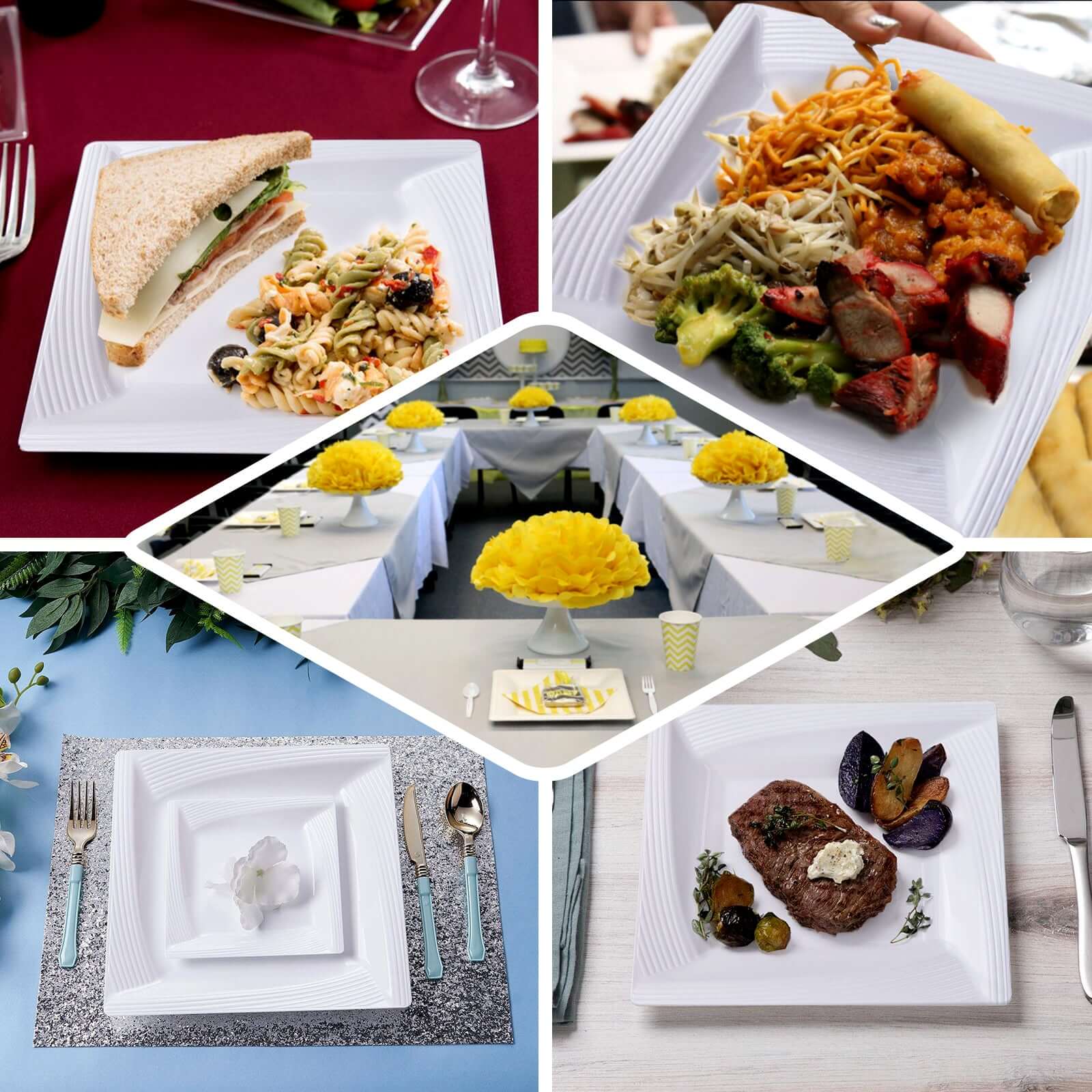 10-Pack Plastic 6" Square Dessert Plates in White with Geometric Ridge Trim - Disposable Appetizer Salad Plates for Stylish Gatherings & Celebrations