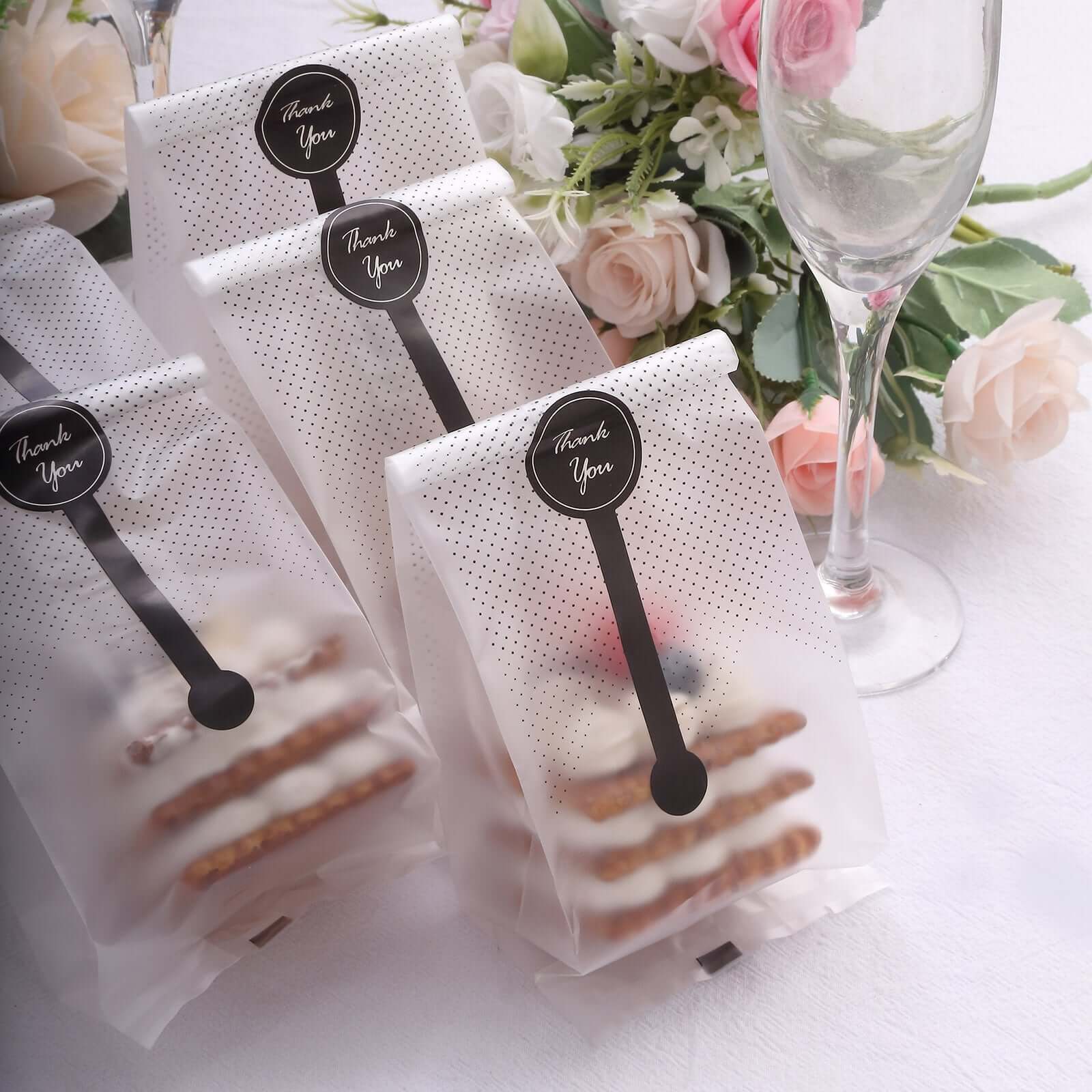 50 Pack Clear Black Dotted Plastic Goodie Gift Bags with "Thank You" Paper Stickers, Rectangular Party Favor Candy Treat Bags - 3"x9"