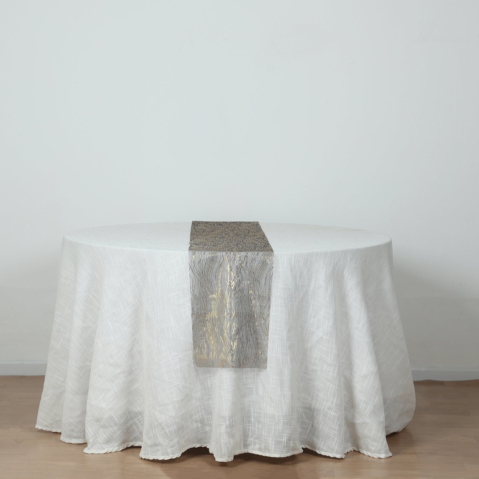 5 Pack Organza 12"x108" Table Runners Black - Gold Wave Design